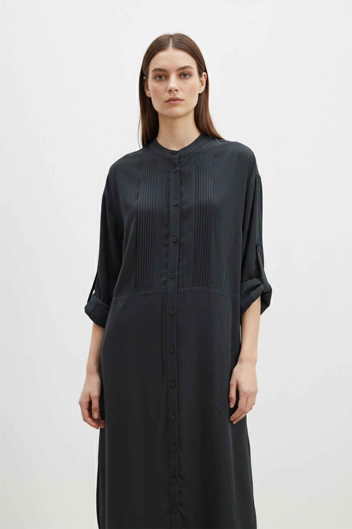 Kadın Uzun Kollu Hakim Yaka Düğmeli Pilise Detaylı Uzun Tunik – 10762TUN