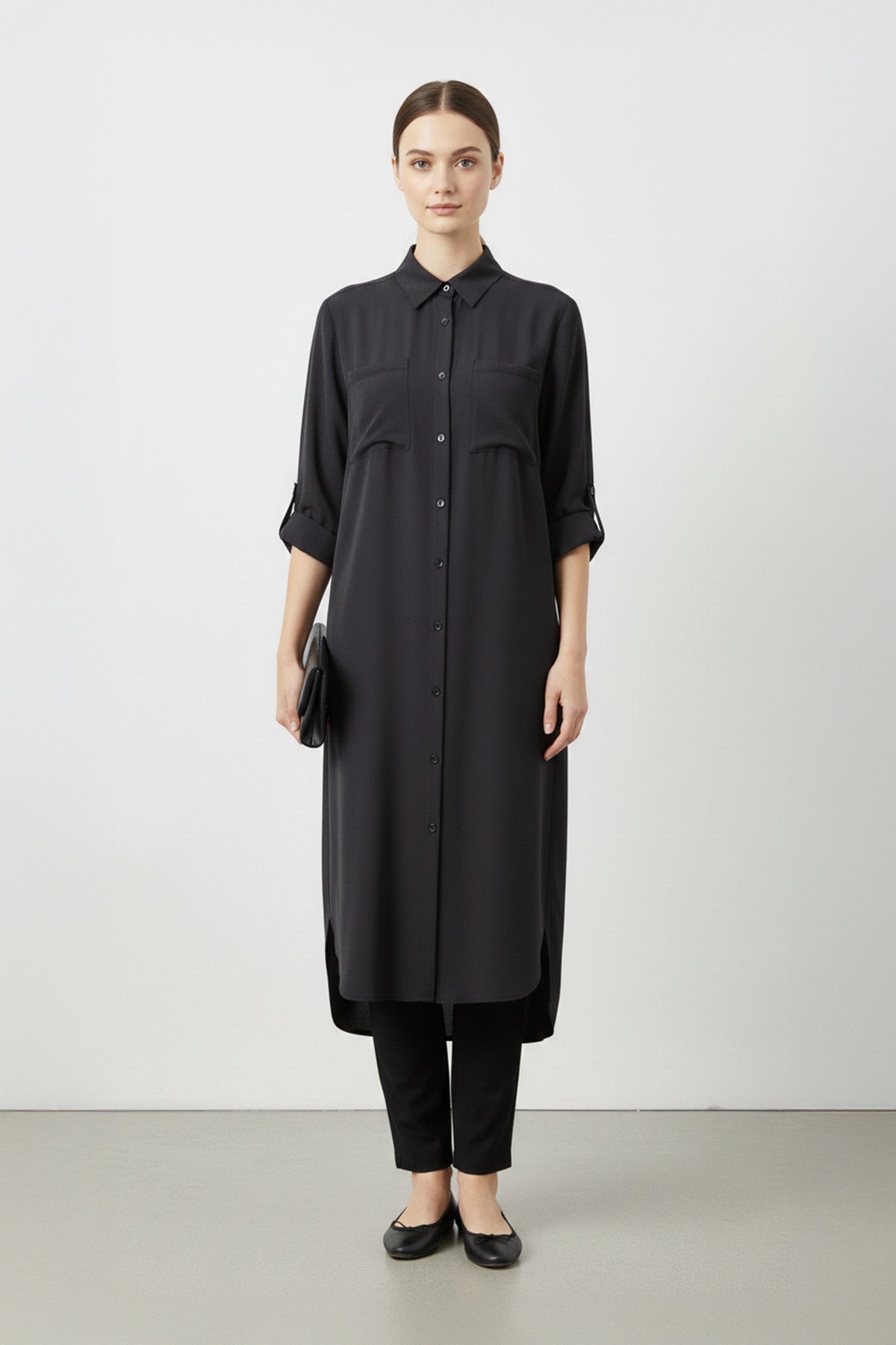 Kadın Uzun Düğmeli Cepli Oversize Gömlek -10764