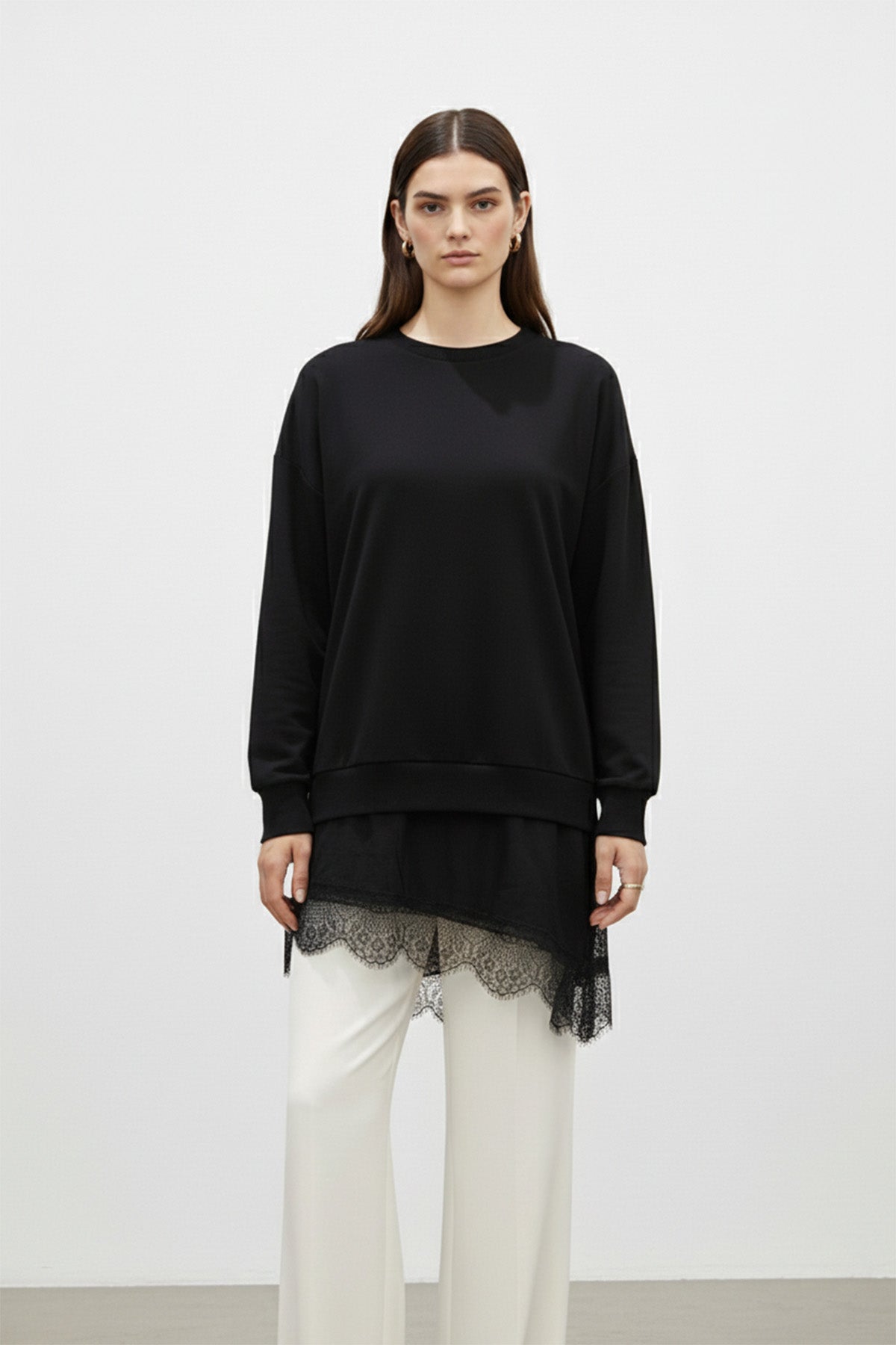 Kadın Dantel Detaylı Uzun Kollu Salaş Tunik -10766TUN