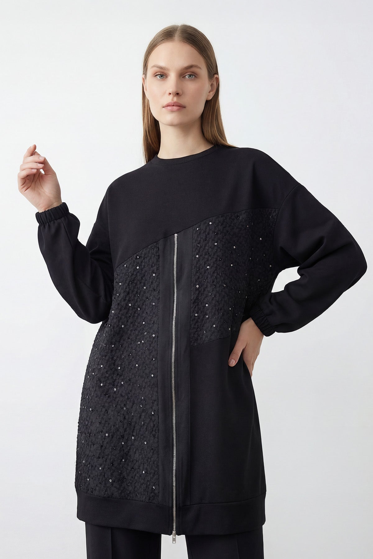 Kadın Asimetrik Kesim Fermuar Detaylı Rahat Tunik – 10769TUN