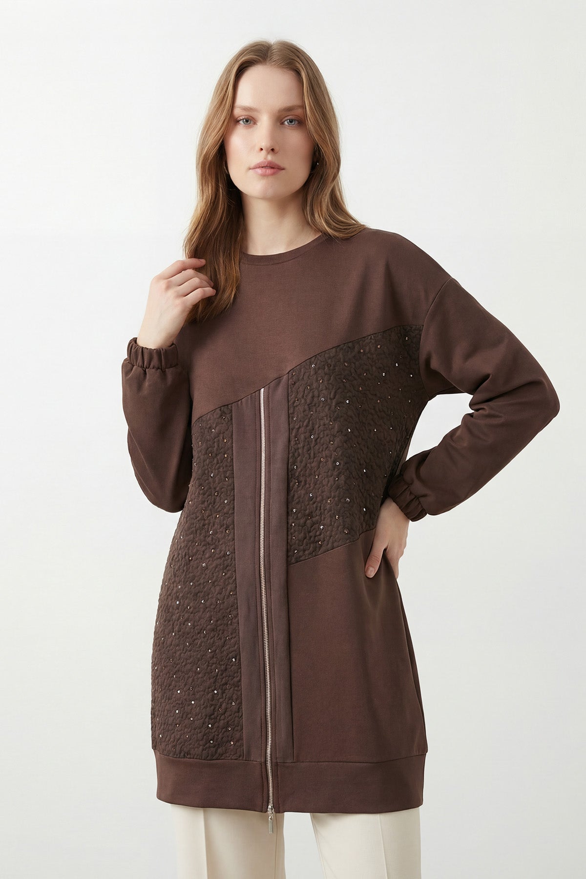 Kadın Asimetrik Kesim Fermuar Detaylı Rahat Tunik – 10769TUN