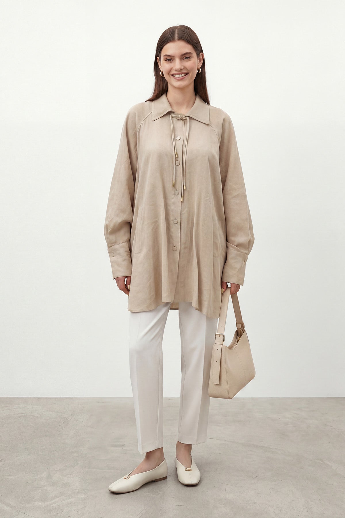 Kadın Gömlek Yaka Önden Düğmeli ve Bağcık Detaylı Gömlek -10772GML