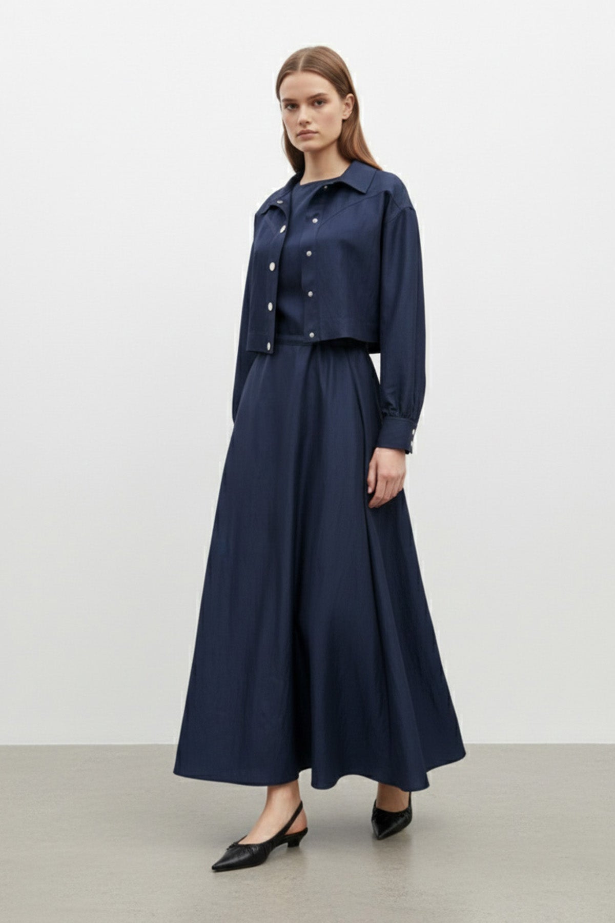 Kadın Gömlek Yaka Çıtçıtlı Crop Ceketli Elbise - 12660ELB