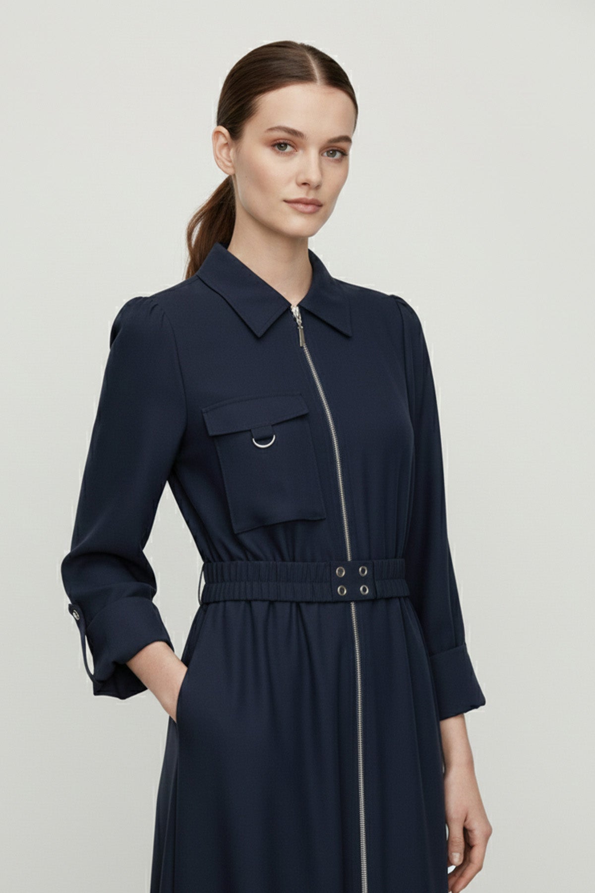 Kadın Fermuarlı Gömlek Yaka Belden Kemerli Uzun Elbise-12667