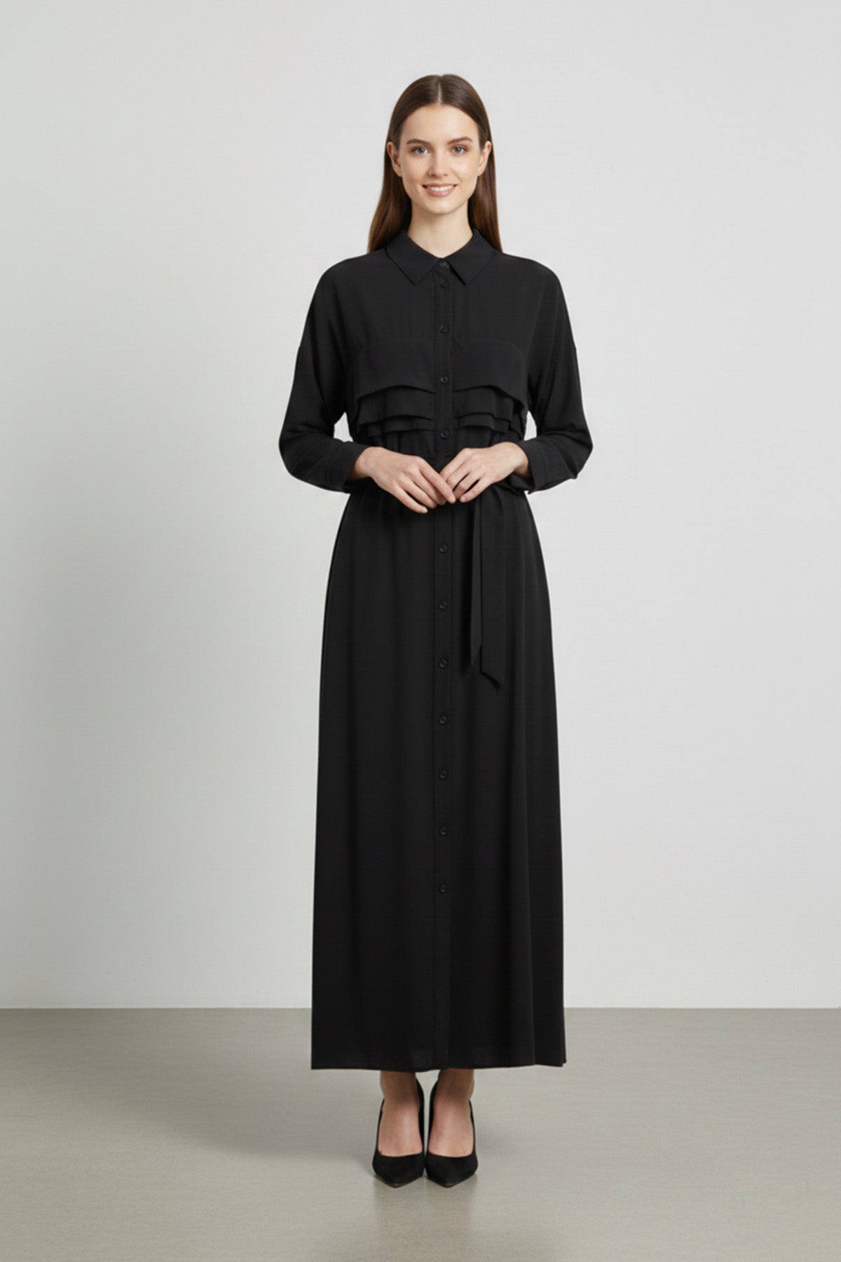 Kuşaklı Düğmeli Uzun Kadın Elbise-12668