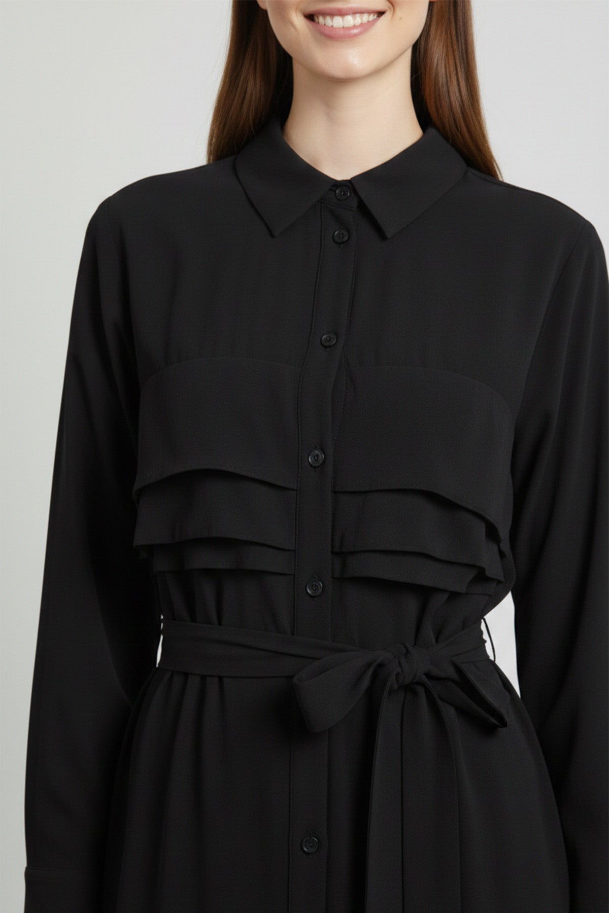 Kuşaklı Düğmeli Uzun Kadın Elbise-12668