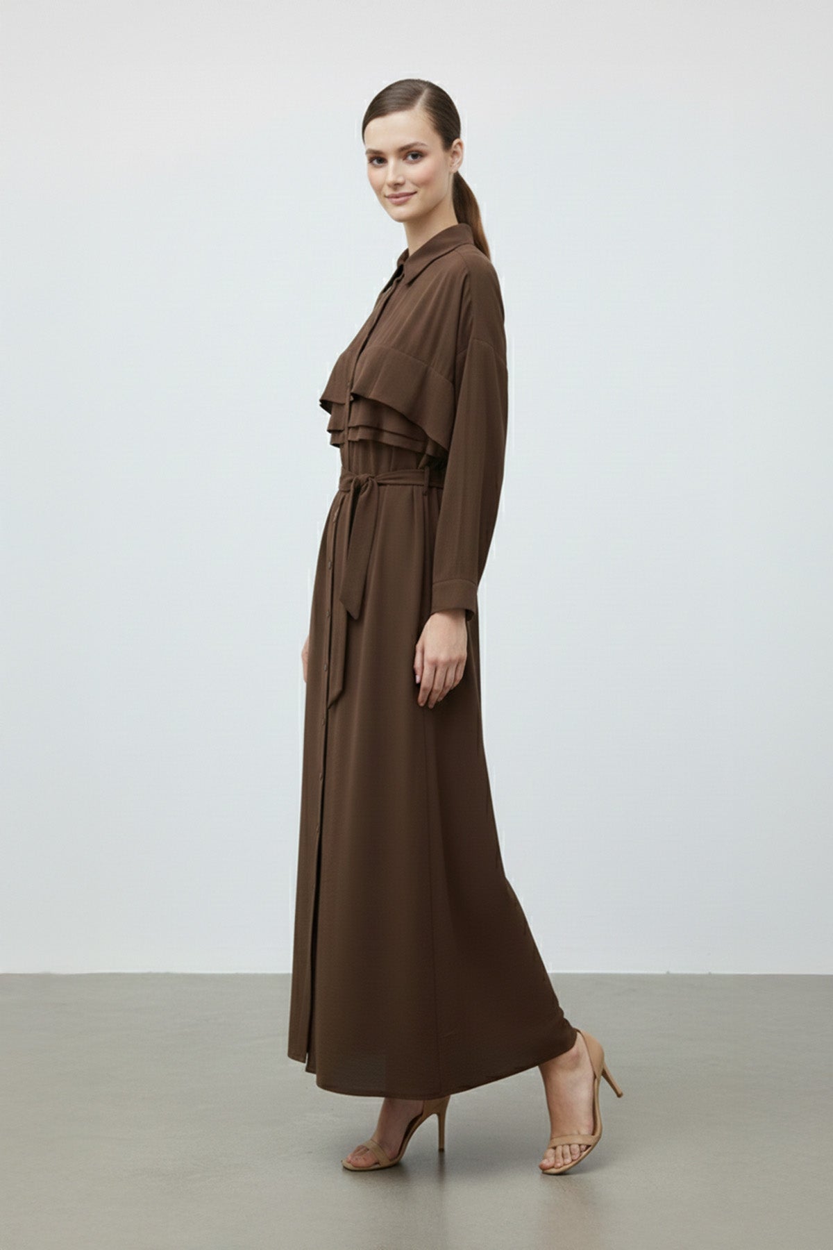 Kuşaklı Düğmeli Uzun Kadın Elbise-12668