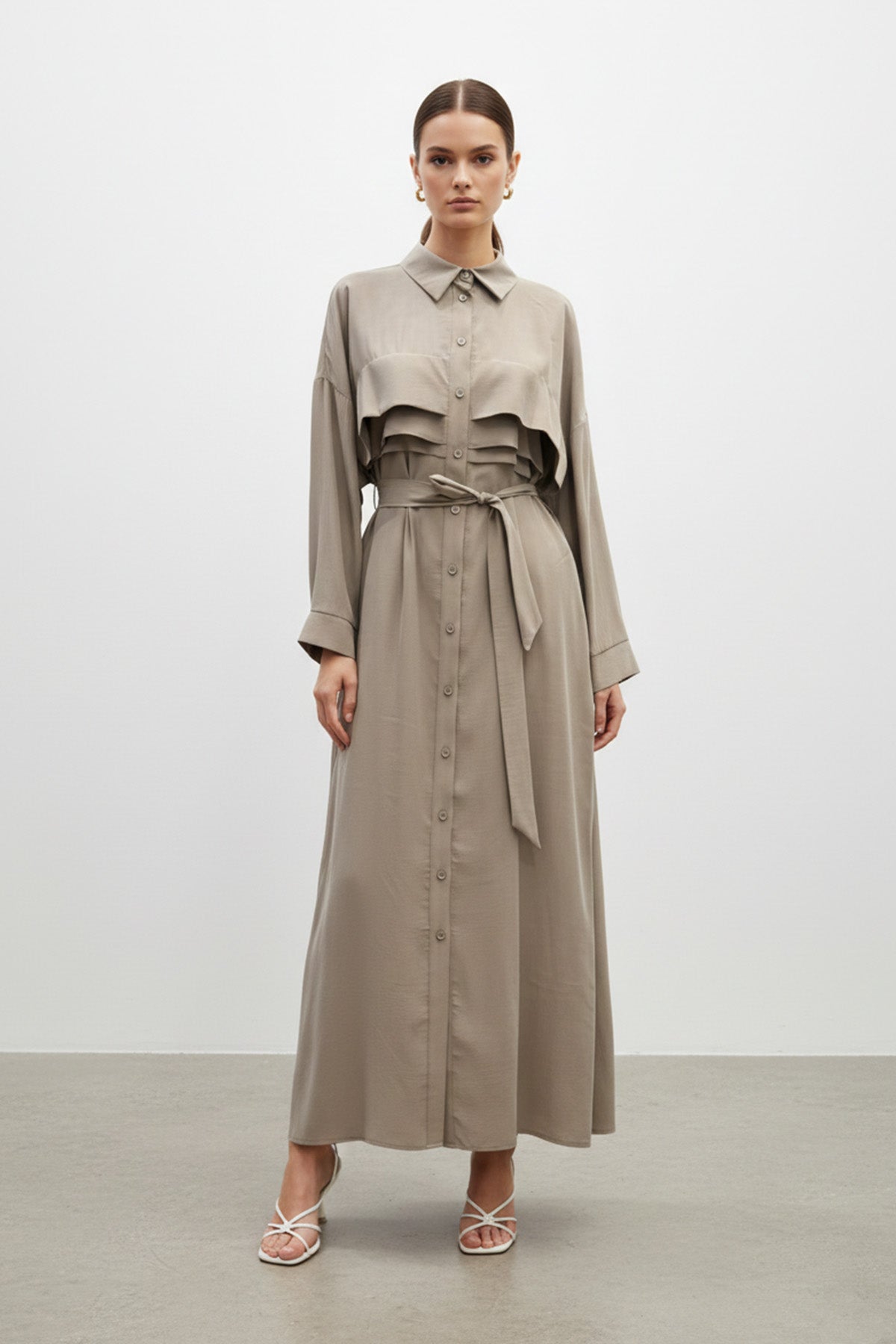 Kuşaklı Düğmeli Uzun Kadın Elbise-12668