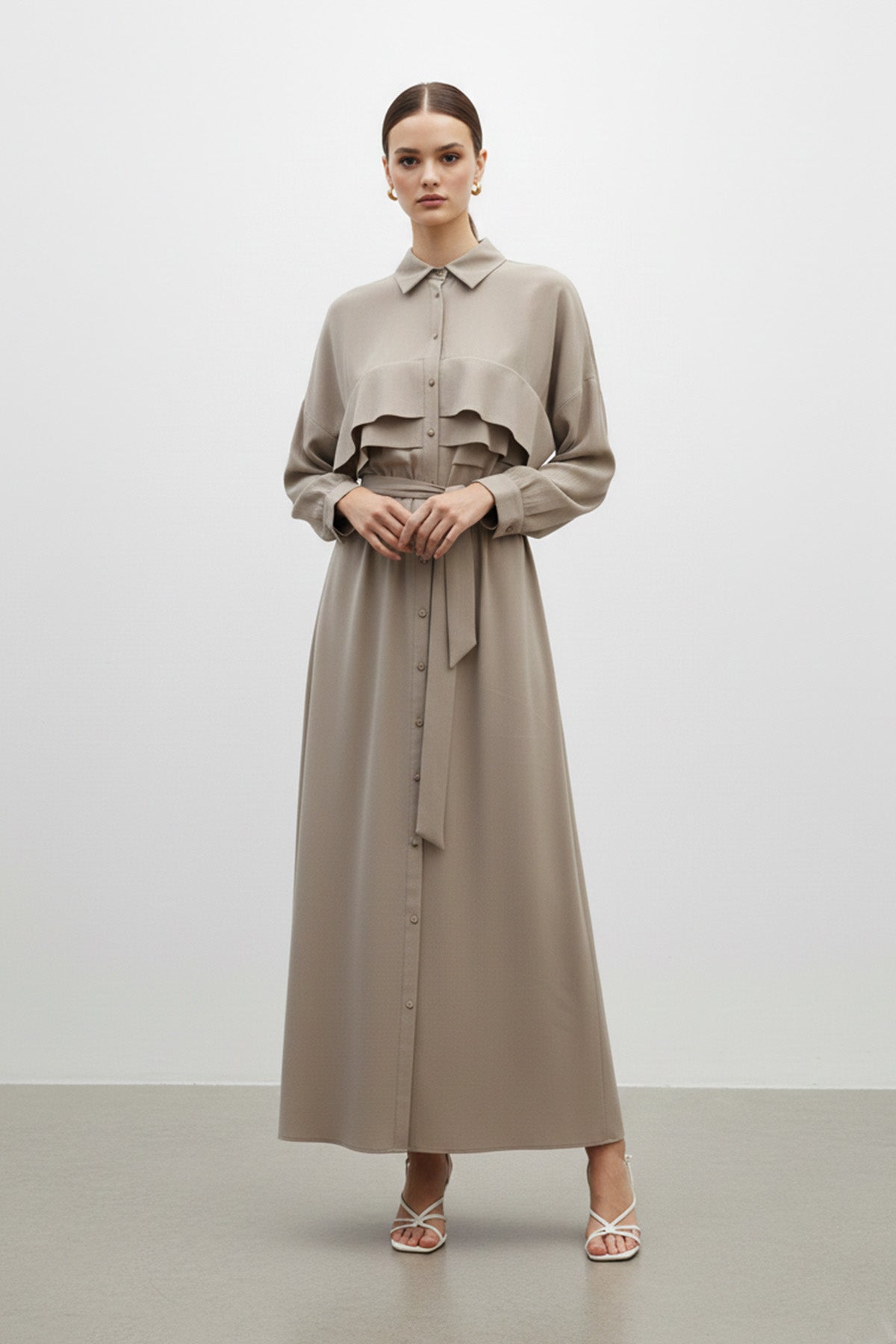 Kuşaklı Düğmeli Uzun Kadın Elbise-12668