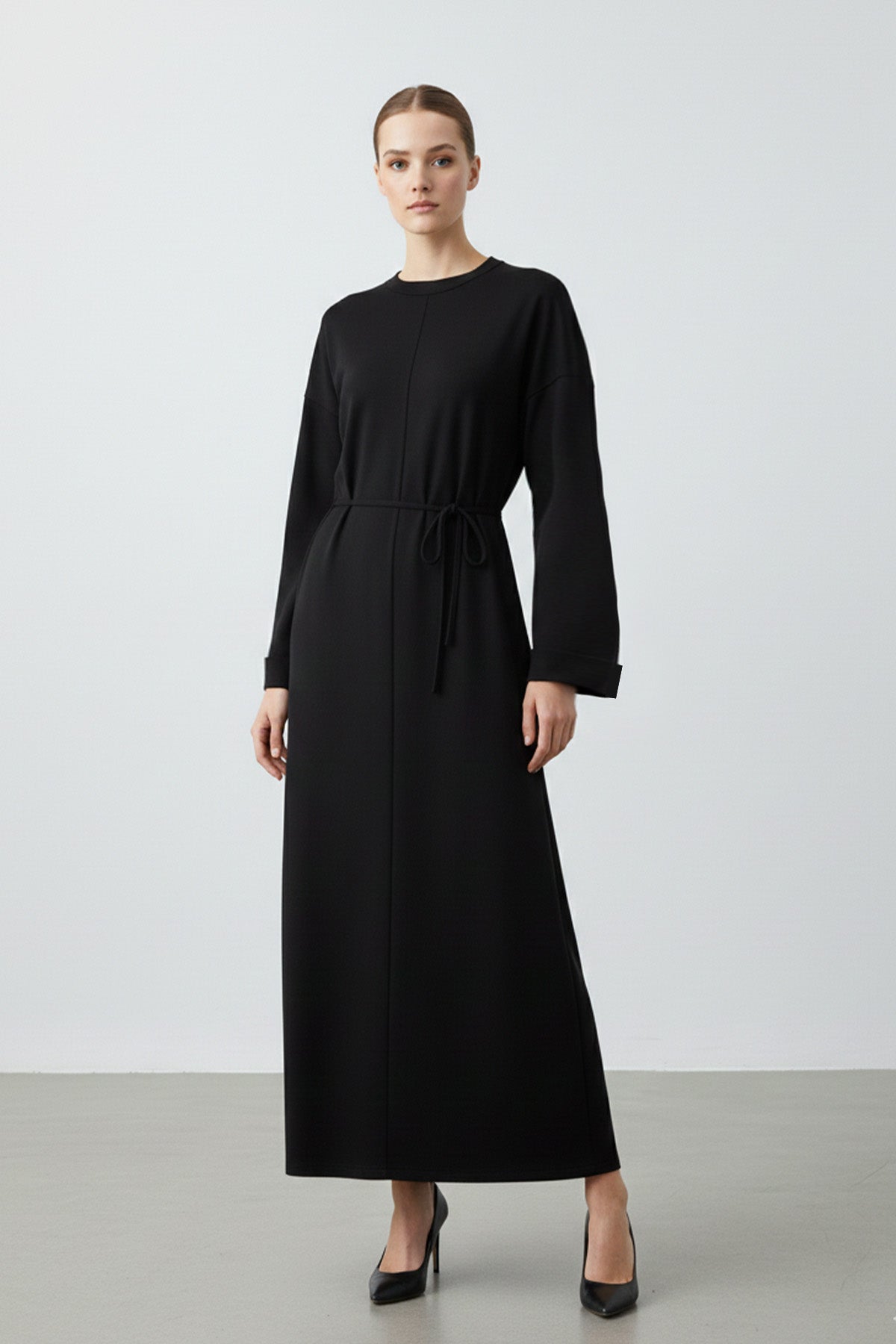 Kadın Basic Bel Detaylı Uzun Kollu Scuba  Elbise-12672ELB