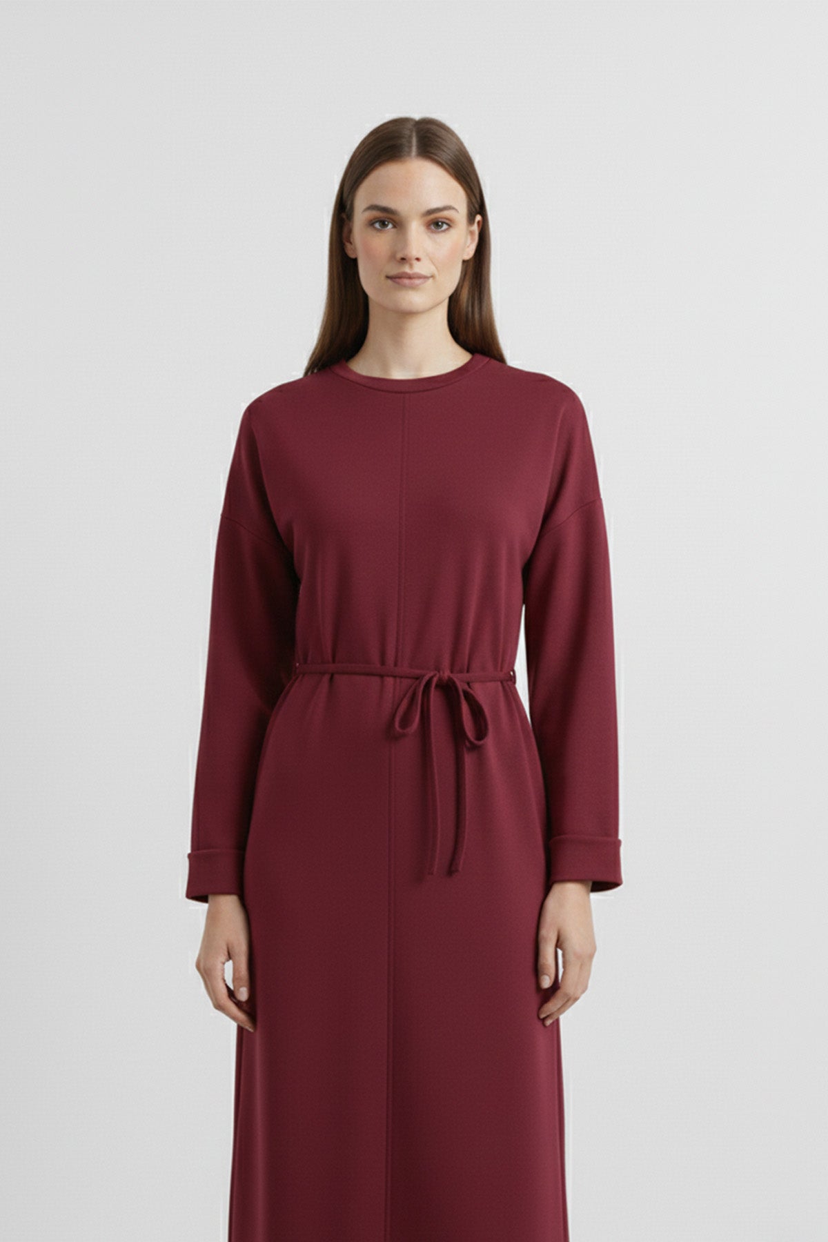 Kadın Basic Bel Detaylı Uzun Kollu Scuba  Elbise-12672ELB