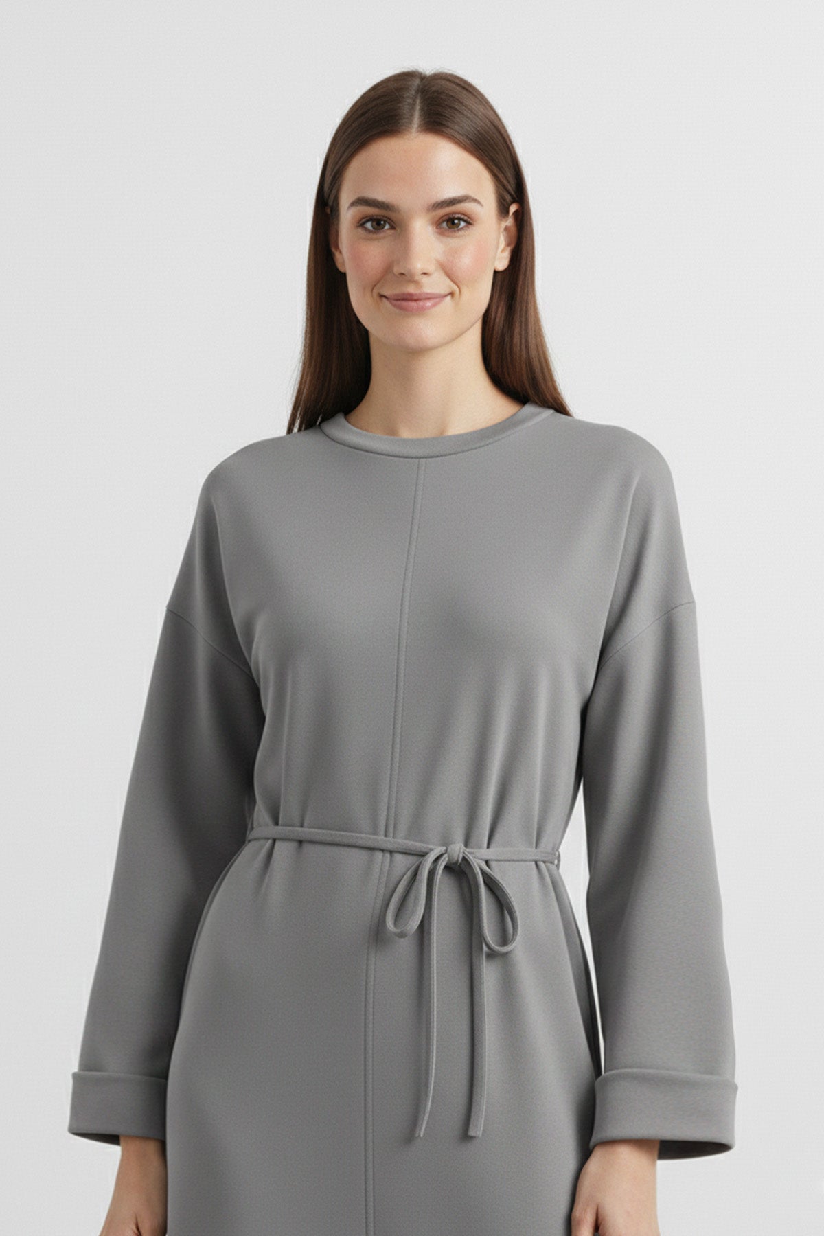 Kadın Basic Bel Detaylı Uzun Kollu Scuba  Elbise-12672ELB