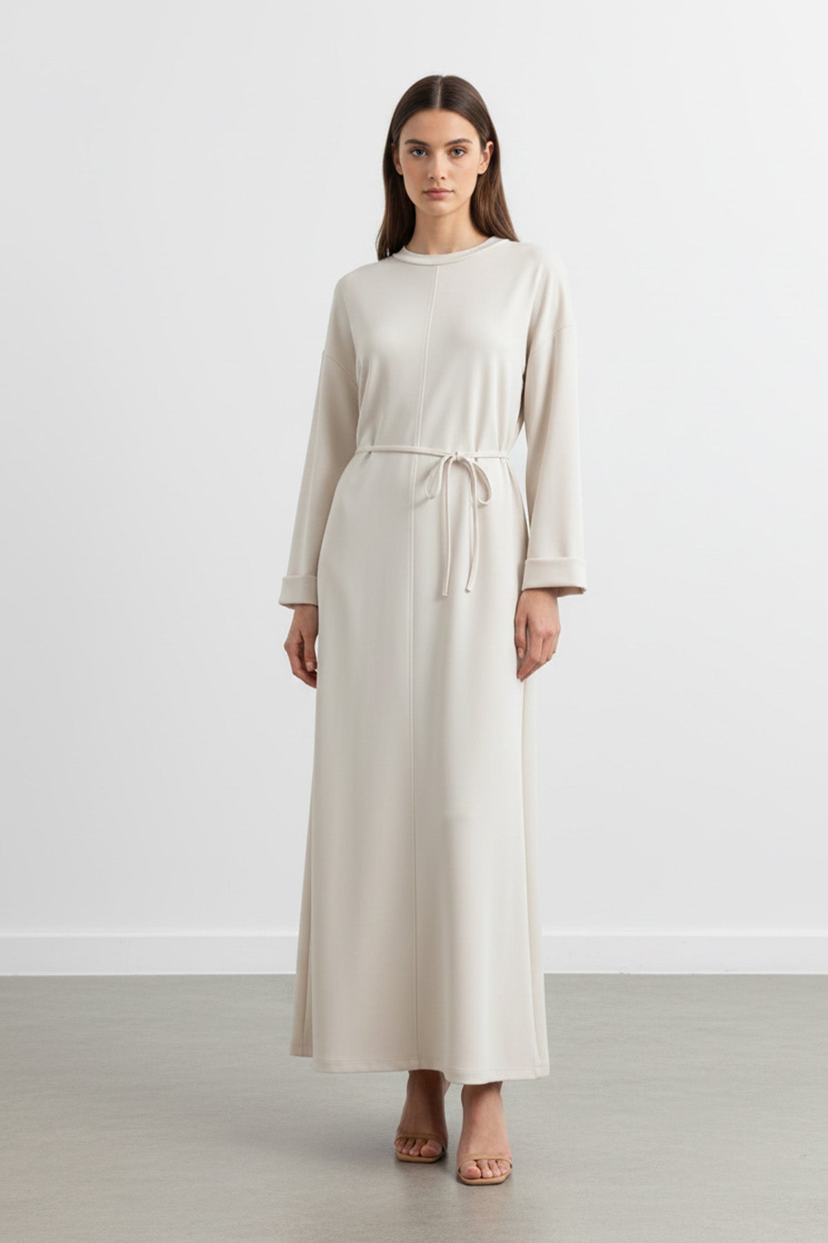 Kadın Basic Bel Detaylı Uzun Kollu Scuba  Elbise-12672ELB