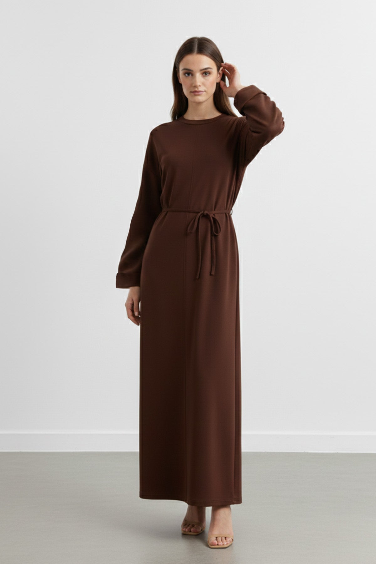 Kadın Basic Bel Detaylı Uzun Kollu Scuba  Elbise-12672ELB