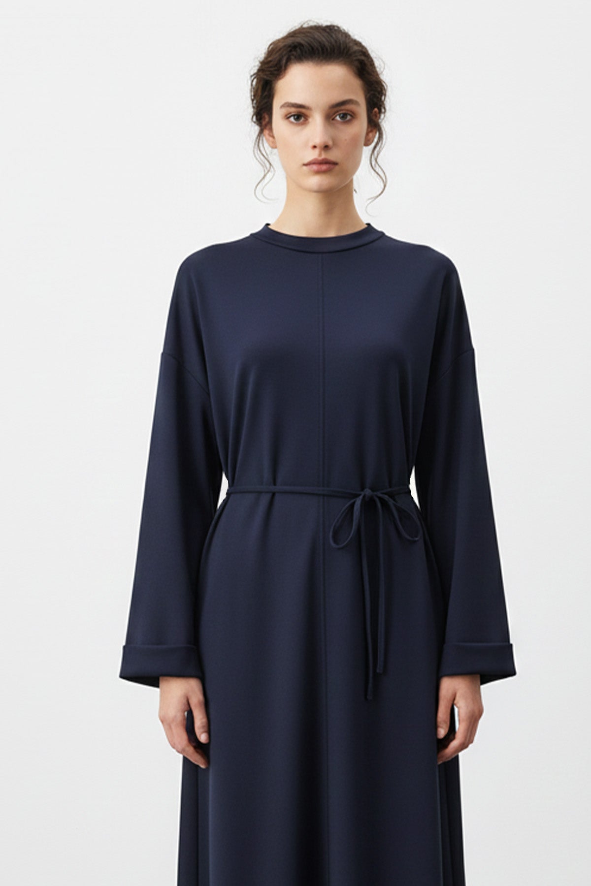 Kadın Basic Bel Detaylı Uzun Kollu Scuba  Elbise-12672ELB