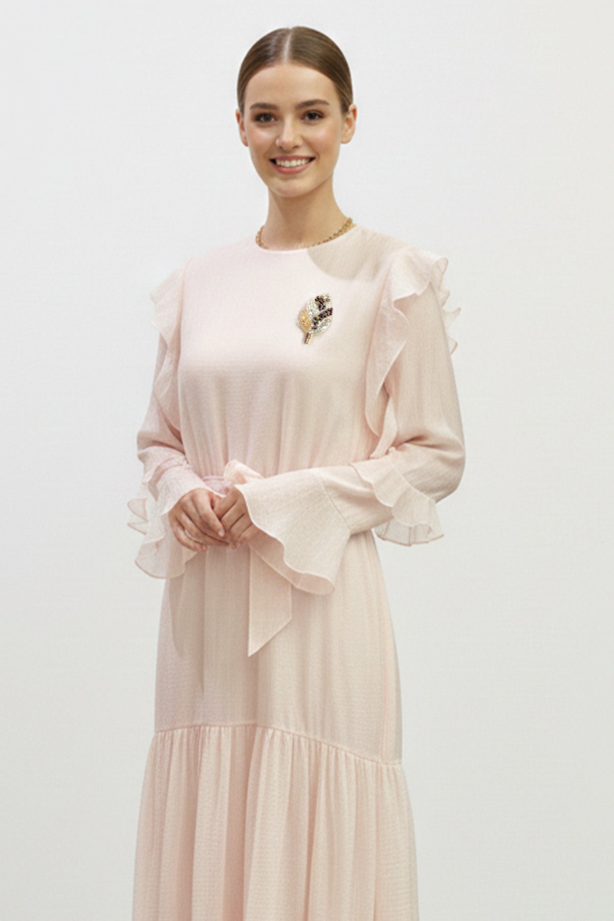 Fırfır Kollu Kuşaklı Kat Kat Uzun Elbise-12673