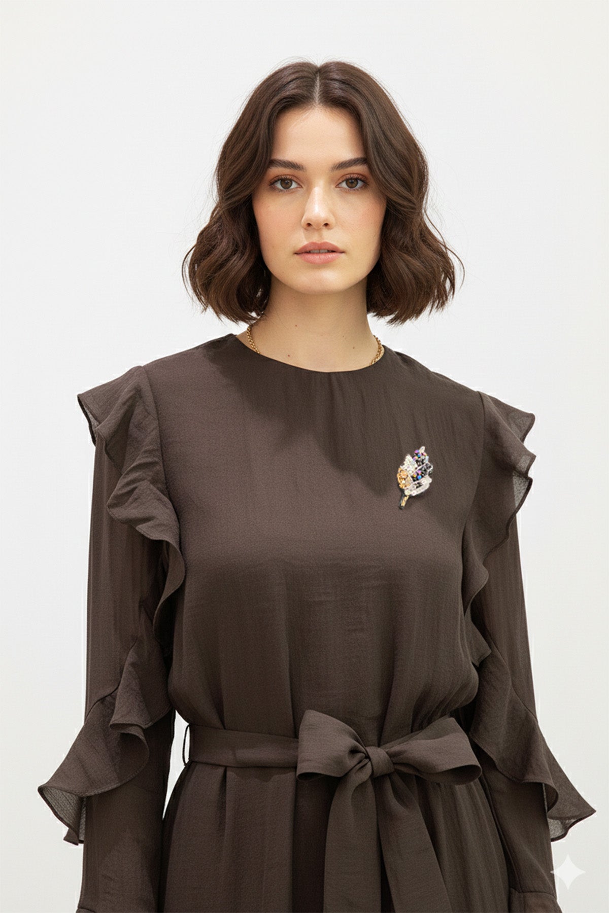 Fırfır Kollu Kuşaklı Kat Kat Uzun Elbise-12673