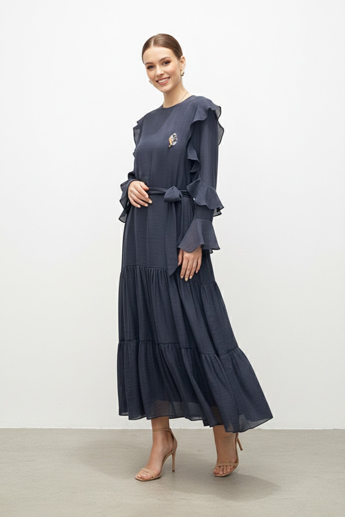 Fırfır Kollu Kuşaklı Kat Kat Uzun Elbise-12673
