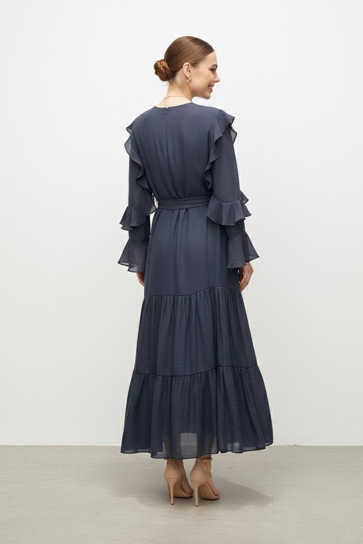 Fırfır Kollu Kuşaklı Kat Kat Uzun Elbise-12673