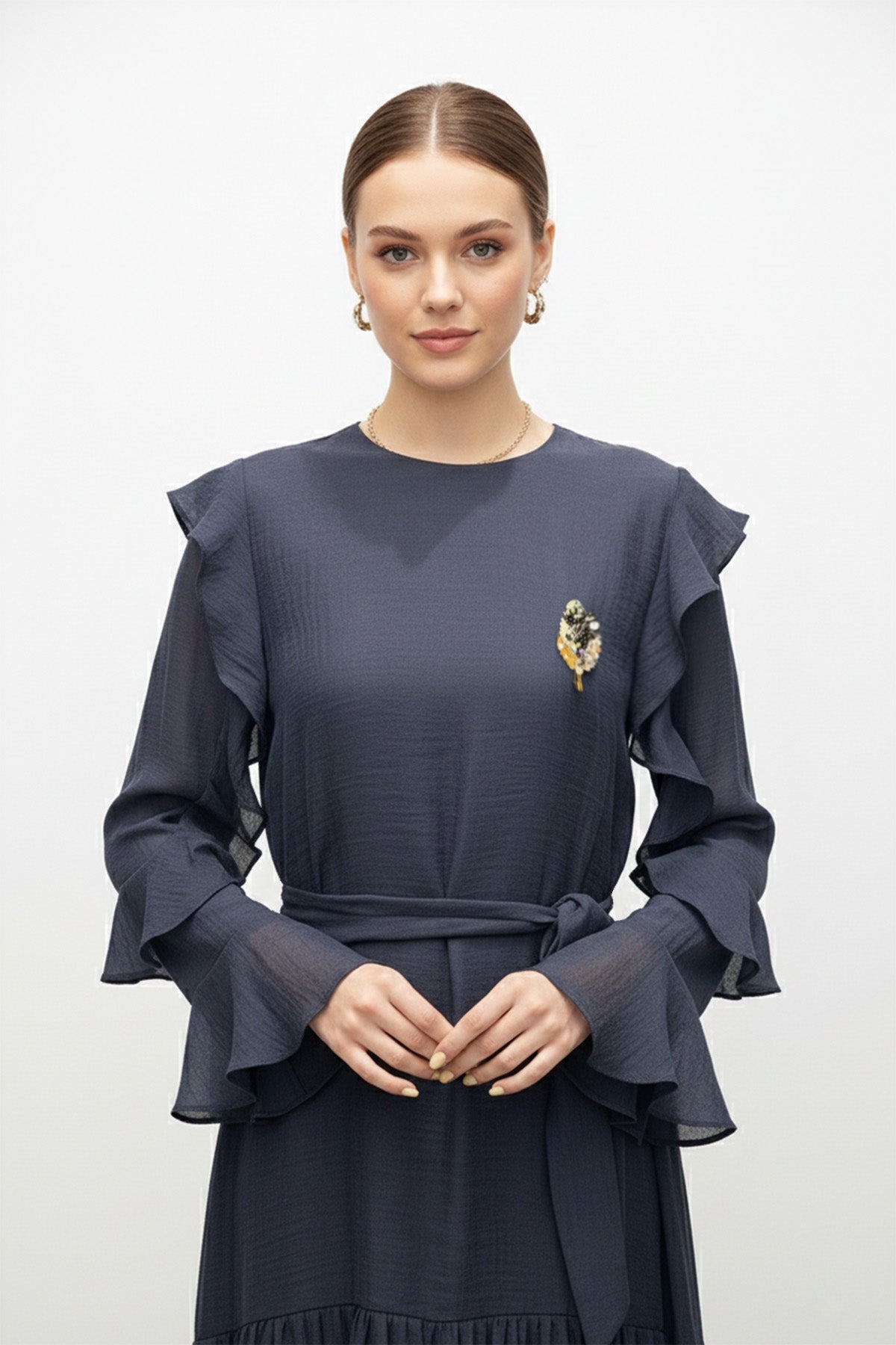 Fırfır Kollu Kuşaklı Kat Kat Uzun Elbise-12673