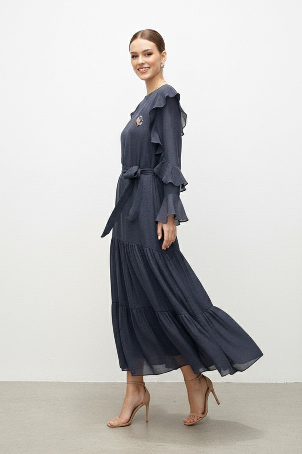 Fırfır Kollu Kuşaklı Kat Kat Uzun Elbise-12673