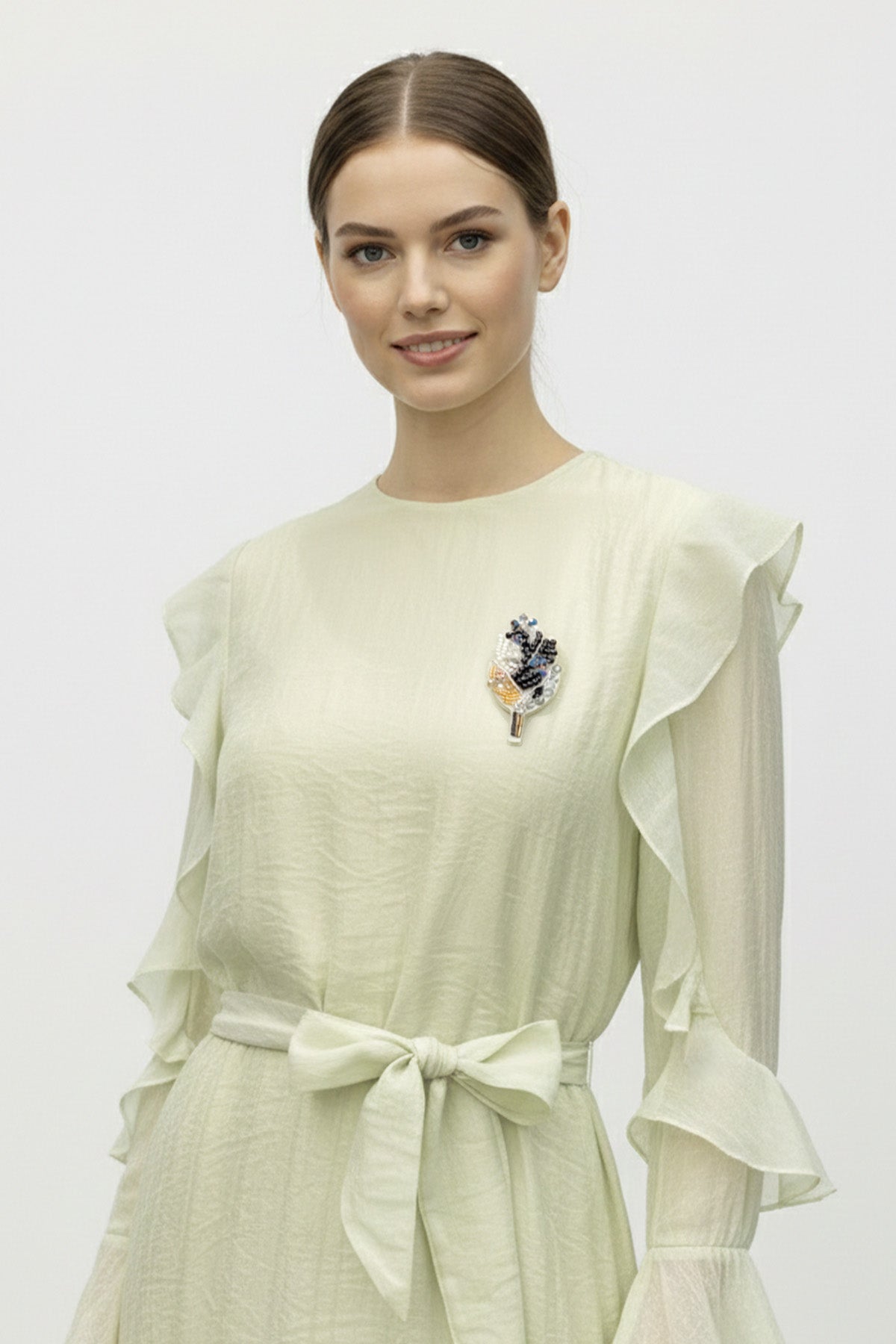 Fırfır Kollu Kuşaklı Kat Kat Uzun Elbise-12673