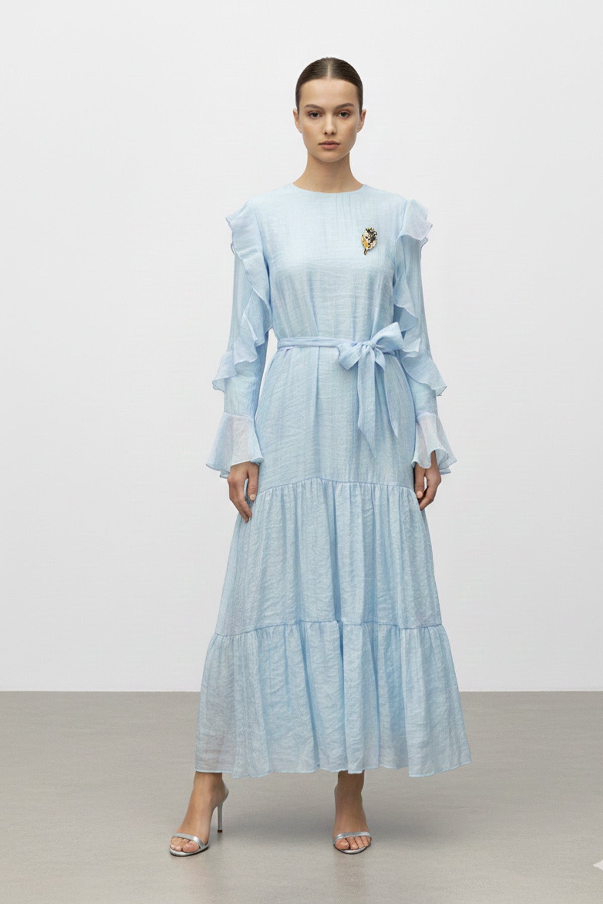 Fırfır Kollu Kuşaklı Kat Kat Uzun Elbise-12673