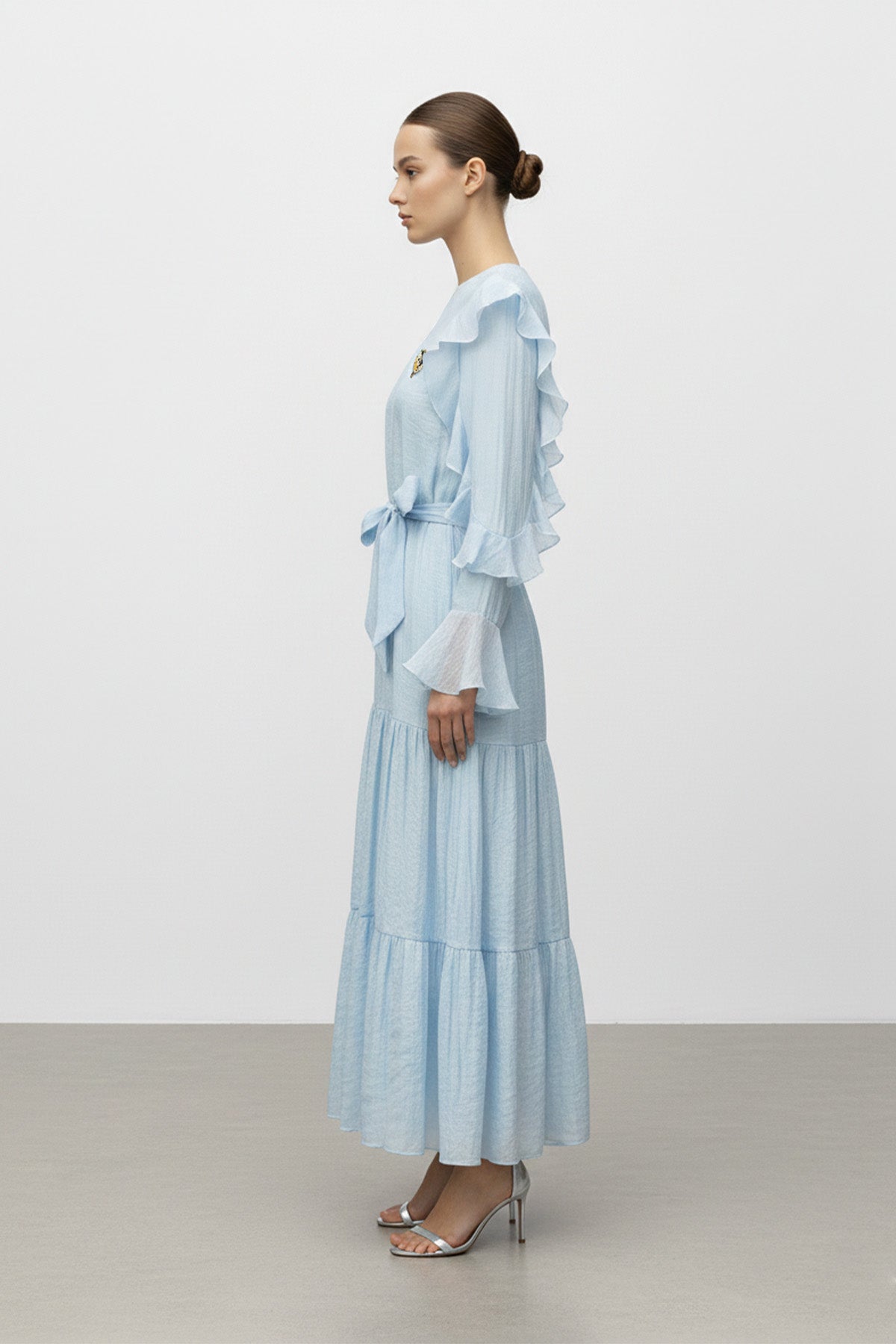 Fırfır Kollu Kuşaklı Kat Kat Uzun Elbise-12673