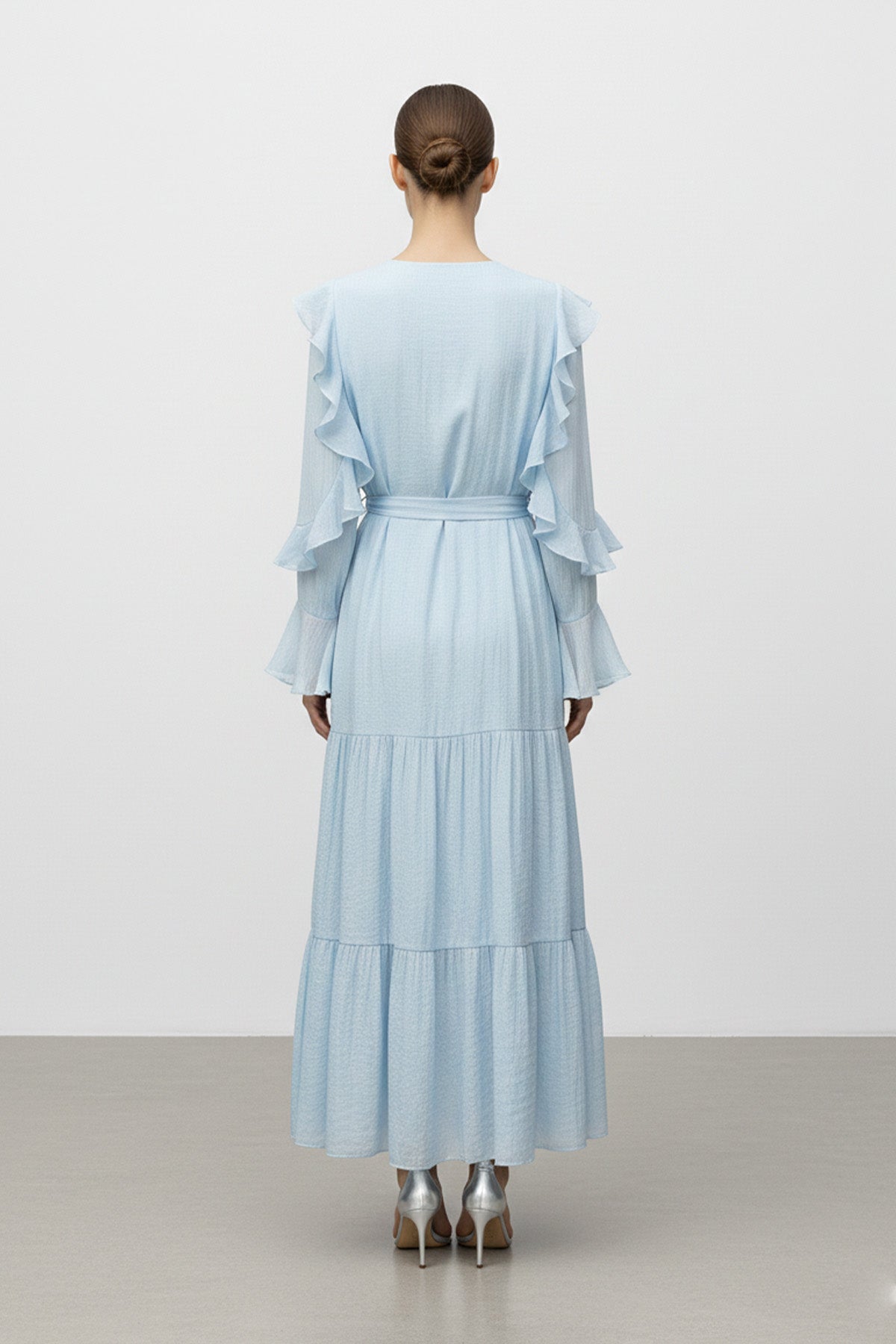 Fırfır Kollu Kuşaklı Kat Kat Uzun Elbise-12673