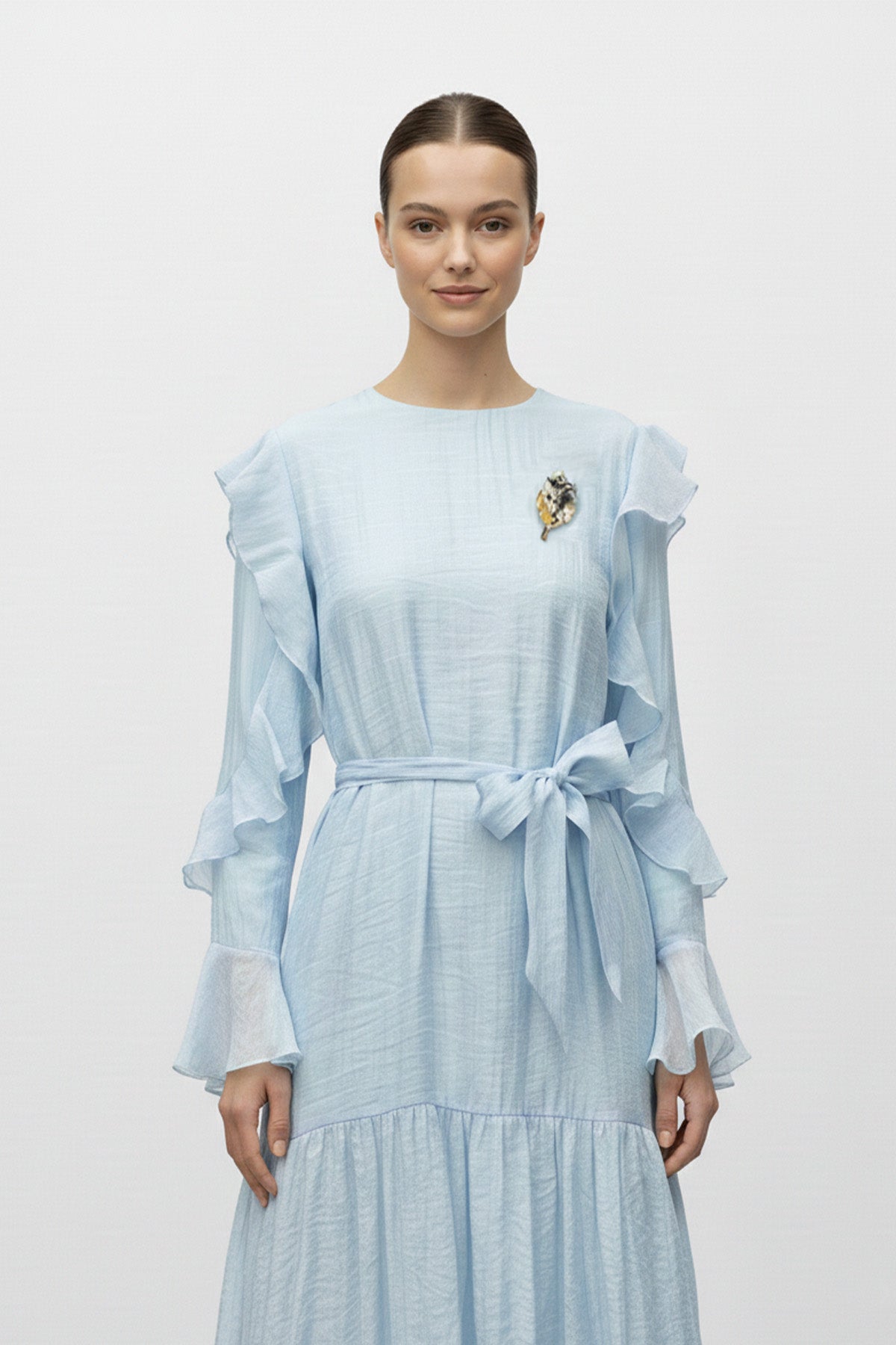 Fırfır Kollu Kuşaklı Kat Kat Uzun Elbise-12673