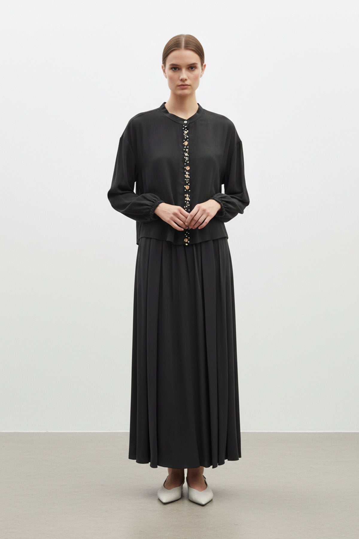 Kadın  Taş Düğme Detaylı Bluz ve Uzun Etek Takım-14434