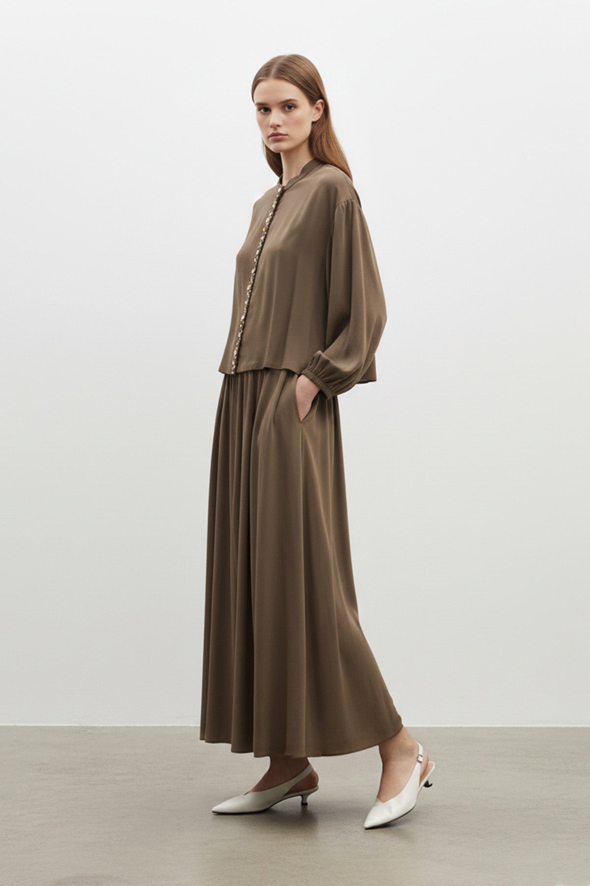 Kadın  Taş Düğme Detaylı Bluz ve Uzun Etek Takım-14434