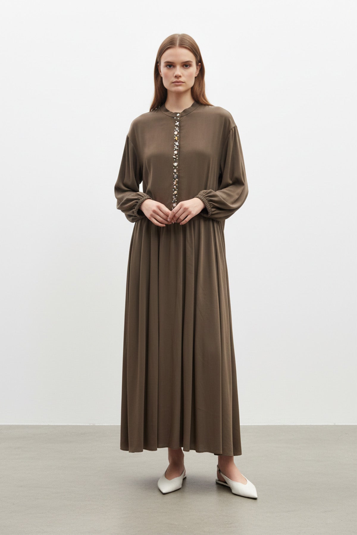 Kadın  Taş Düğme Detaylı Bluz ve Uzun Etek Takım-14434