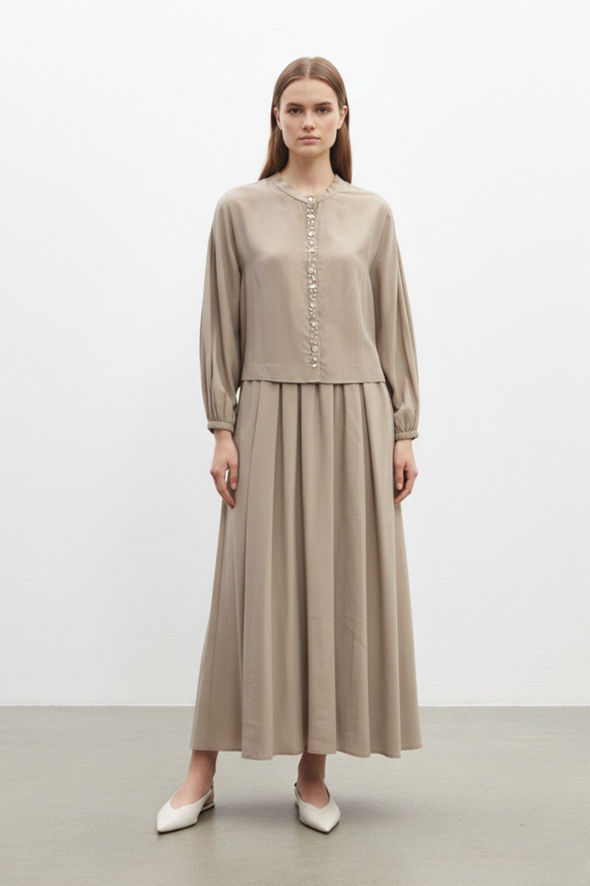 Kadın  Taş Düğme Detaylı Bluz ve Uzun Etek Takım-14434