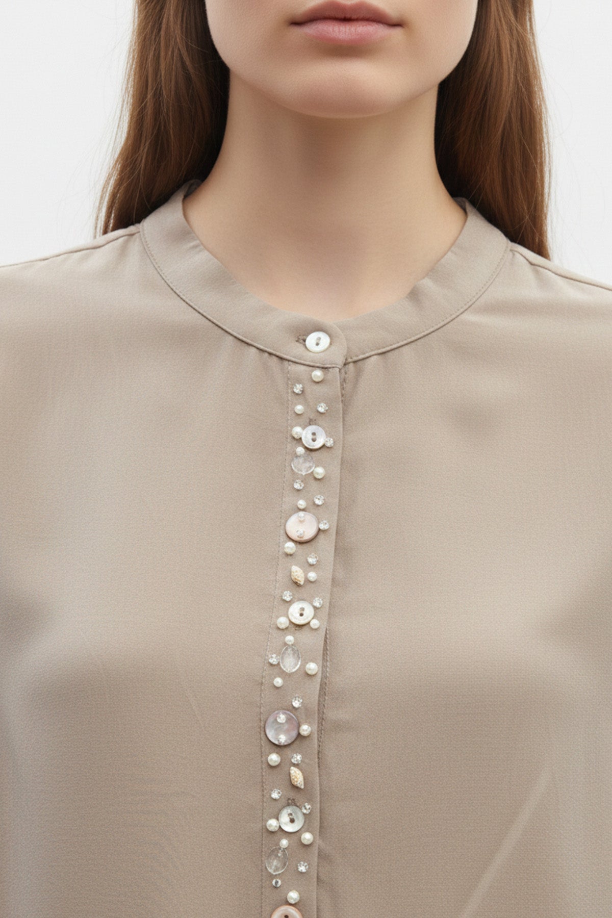 Kadın  Taş Düğme Detaylı Bluz ve Uzun Etek Takım-14434