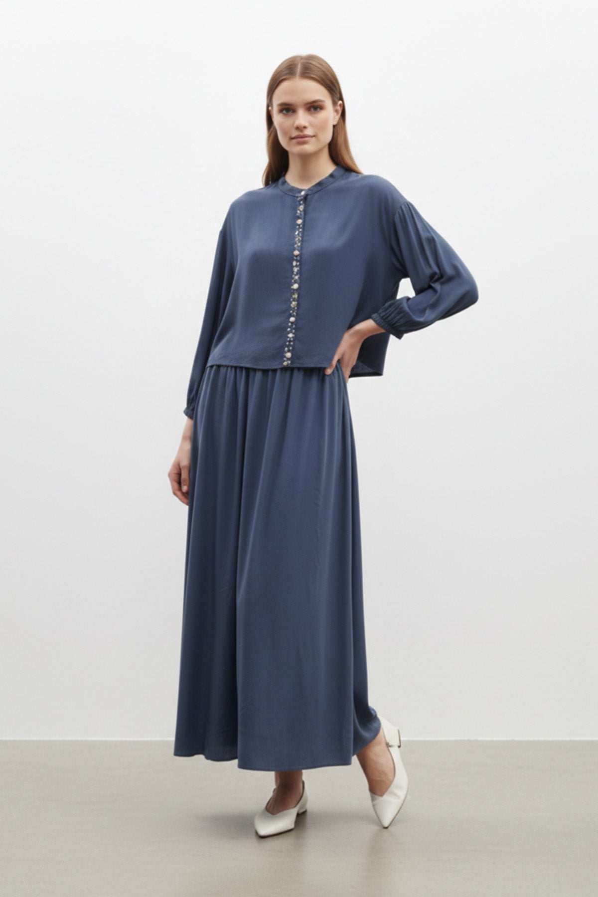 Kadın  Taş Düğme Detaylı Bluz ve Uzun Etek Takım-14434