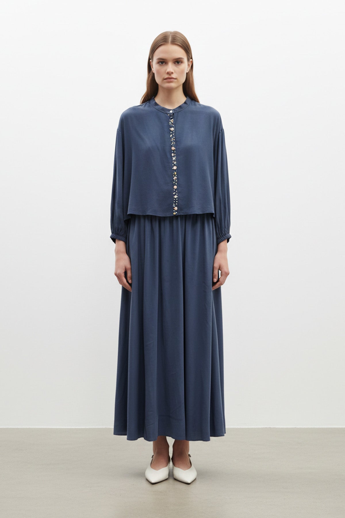 Kadın  Taş Düğme Detaylı Bluz ve Uzun Etek Takım-14434