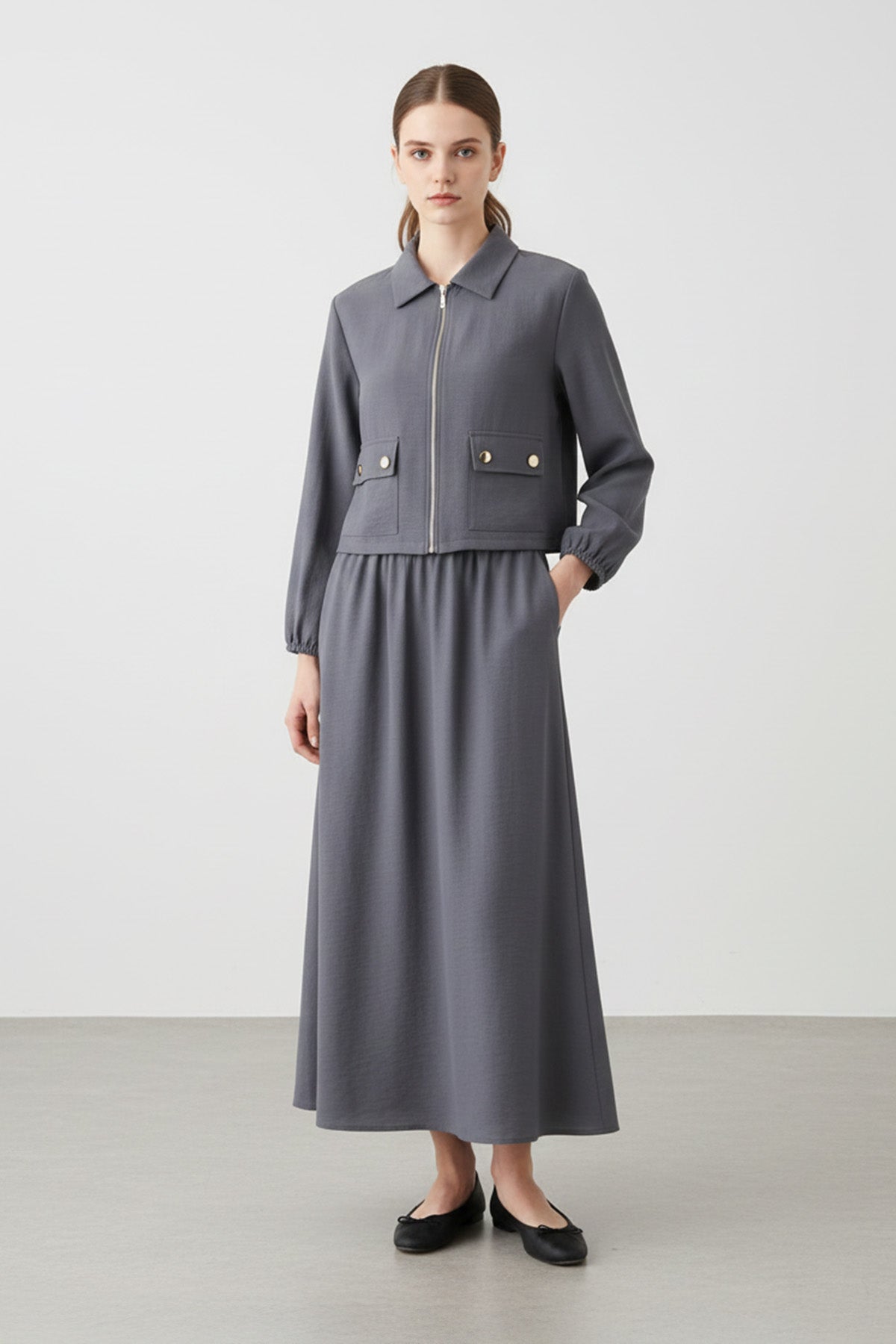 Fermuarlı Ceket ve Lastik Bel Etek Takımı – 14436