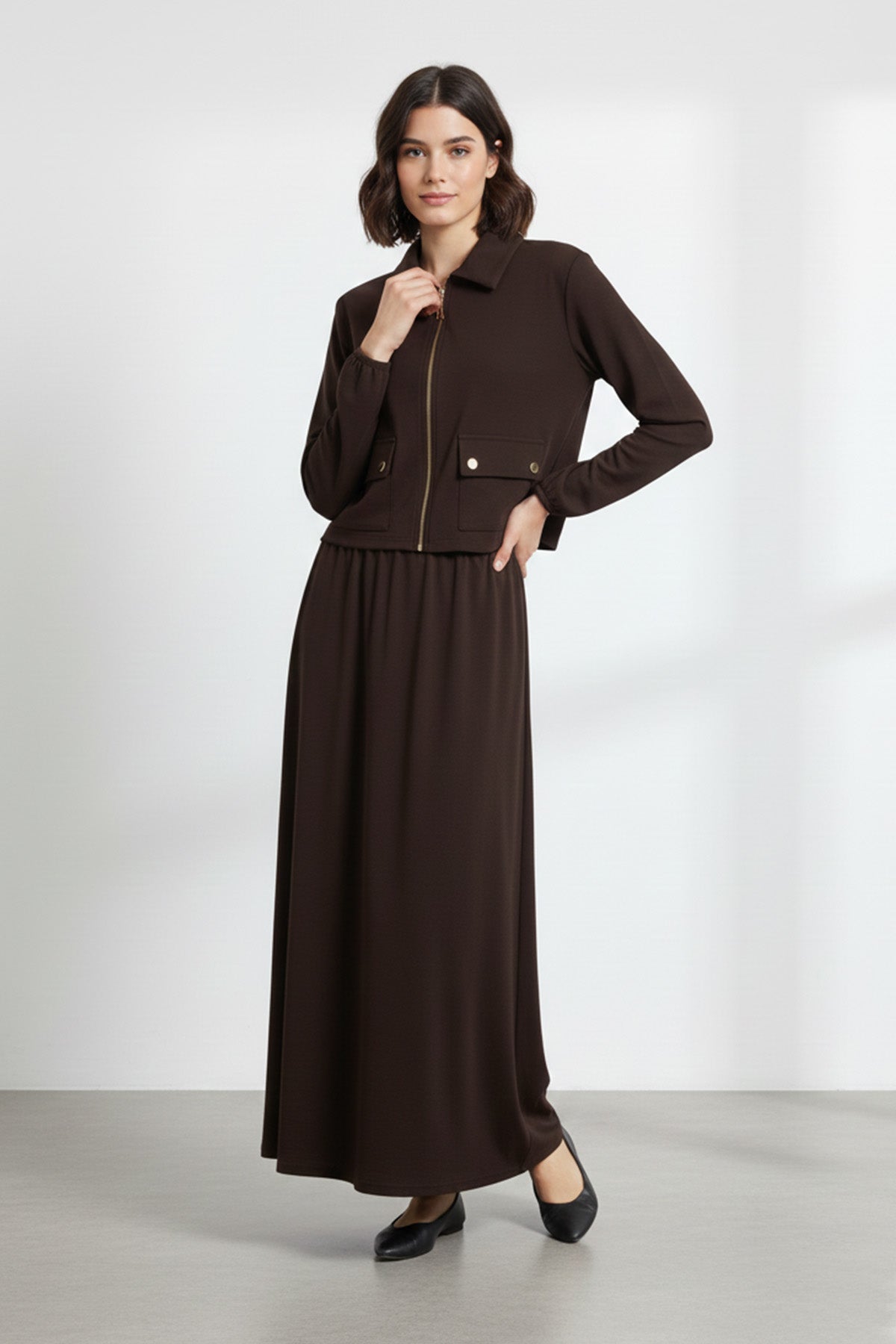 Fermuarlı Ceket ve Lastik Bel Etek Takımı – 14436