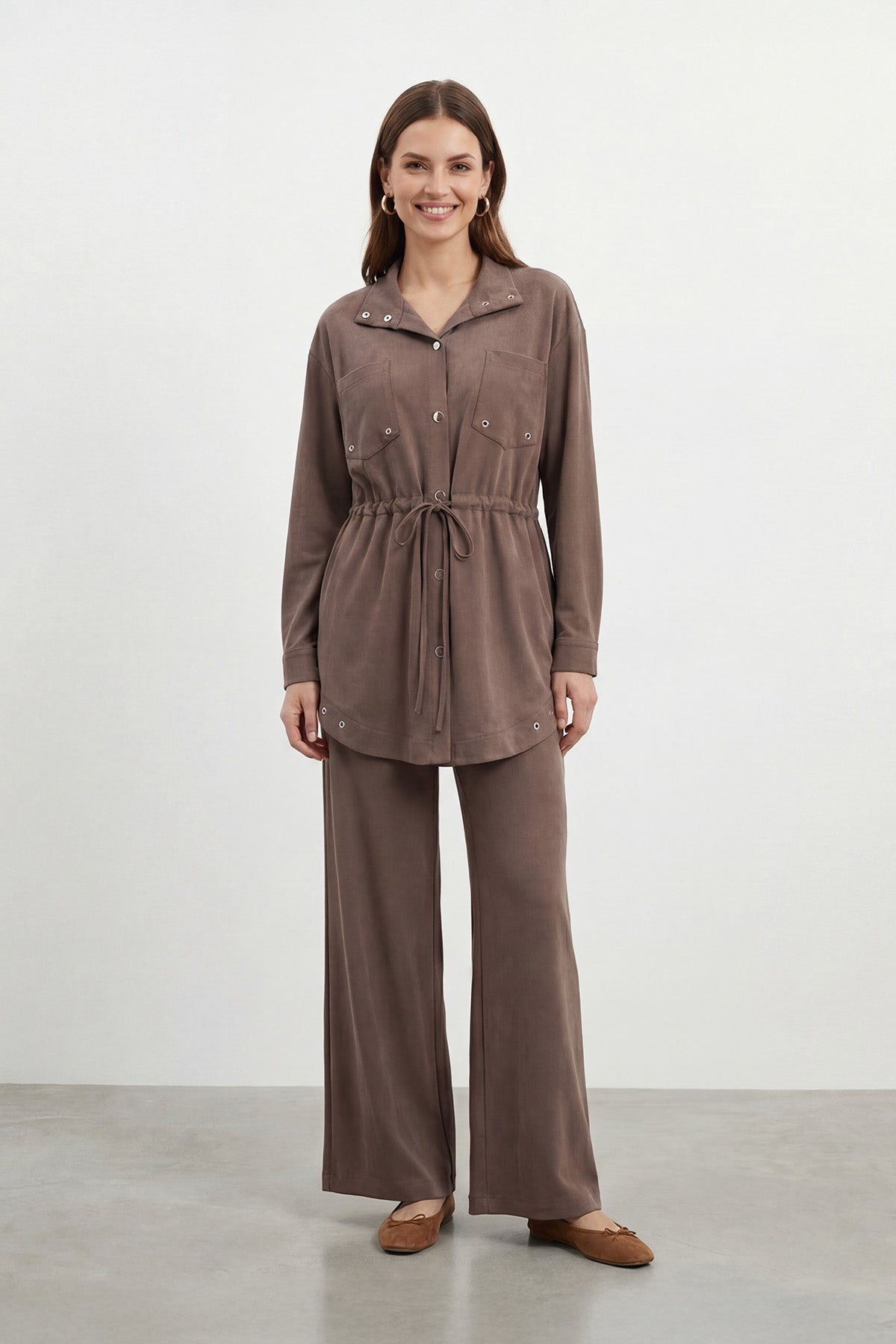 Kadın Dik Yaka Çıtçıt Detaylı Belden Bağlamalı Tunik Pantolon Takım – 14443TKS