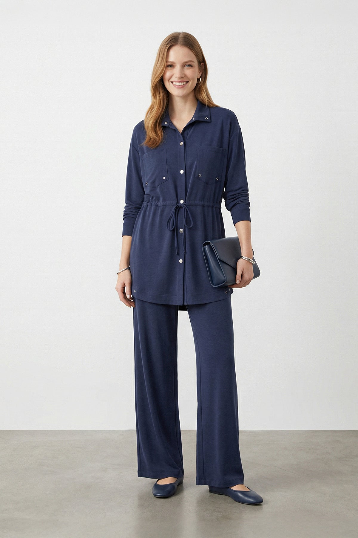 Kadın Dik Yaka Çıtçıt Detaylı Belden Bağlamalı Tunik Pantolon Takım – 14443TKS