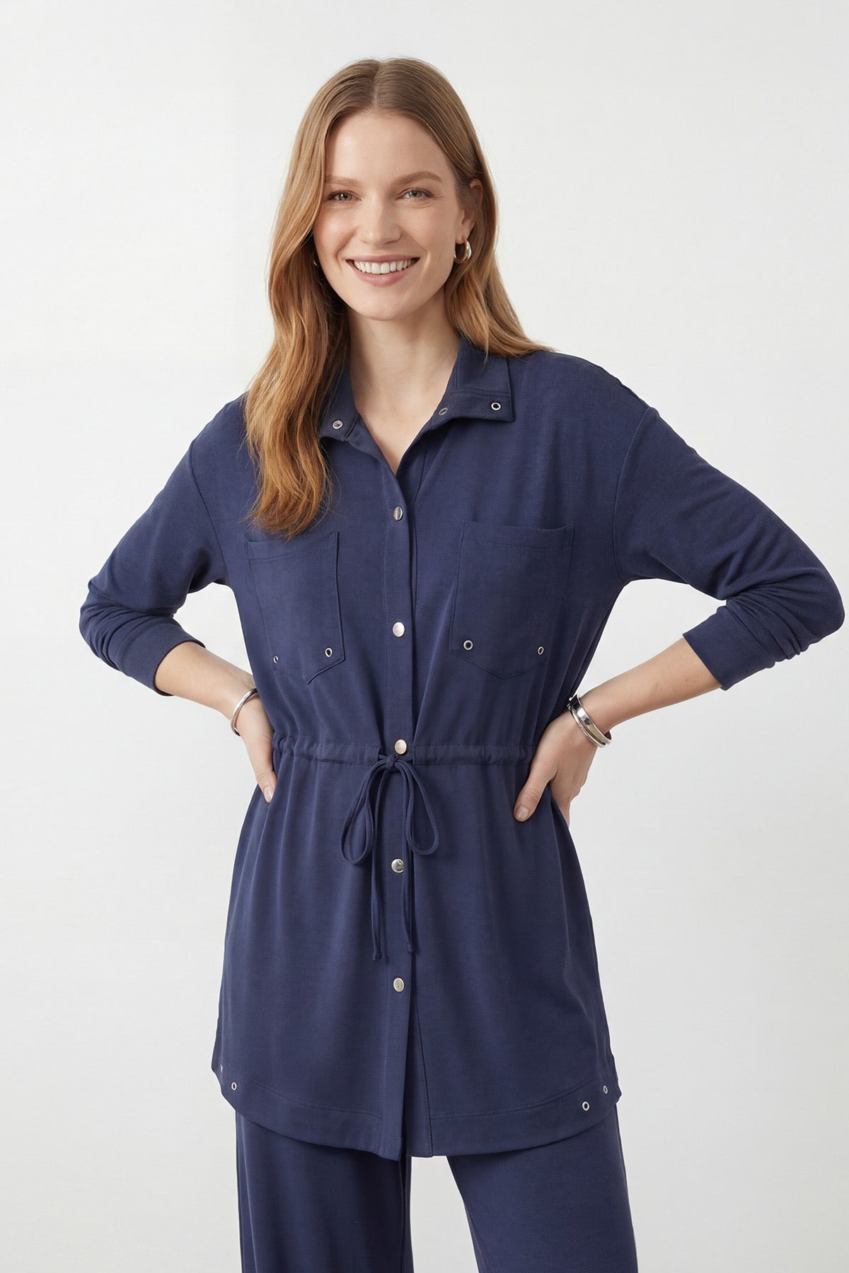 Kadın Dik Yaka Çıtçıt Detaylı Belden Bağlamalı Tunik Pantolon Takım – 14443TKS