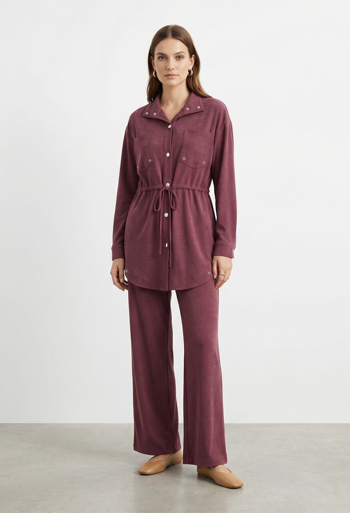 Kadın Dik Yaka Çıtçıt Detaylı Belden Bağlamalı Tunik Pantolon Takım – 14443TKS