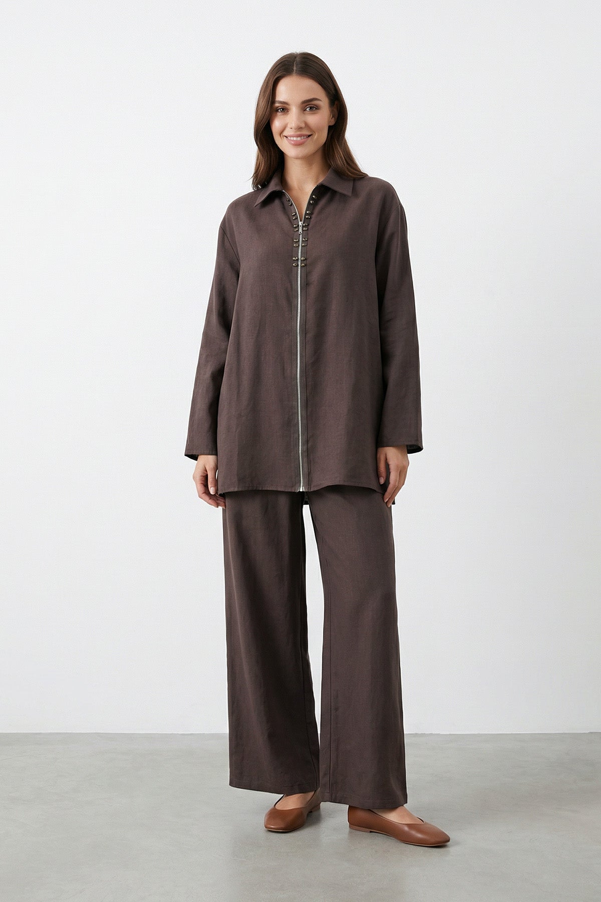 Kadın Gömlek Yaka Fermuarlı Tunik Pantolon Takım – 14446TKS