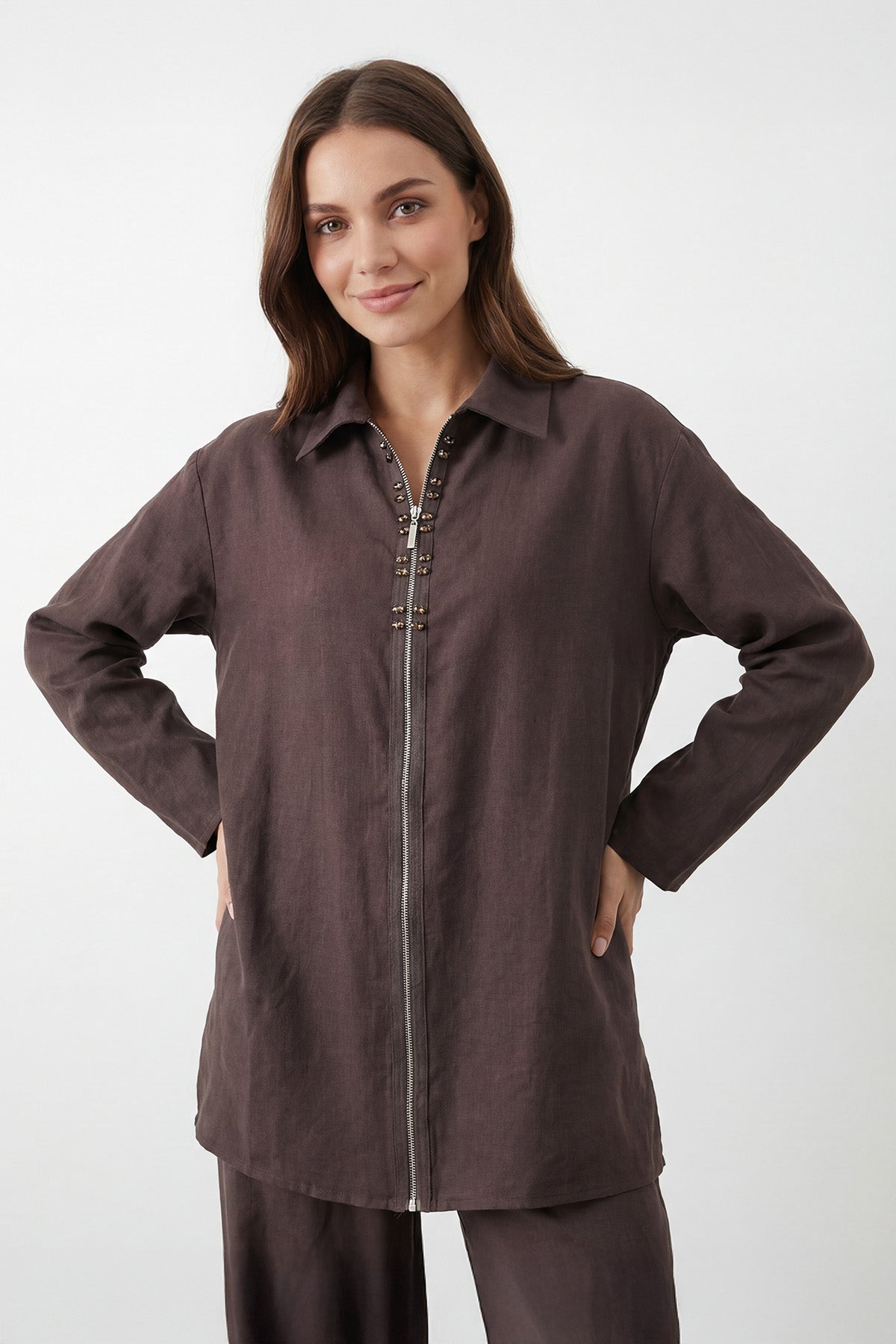 Kadın Gömlek Yaka Fermuarlı Tunik Pantolon Takım – 14446TKS