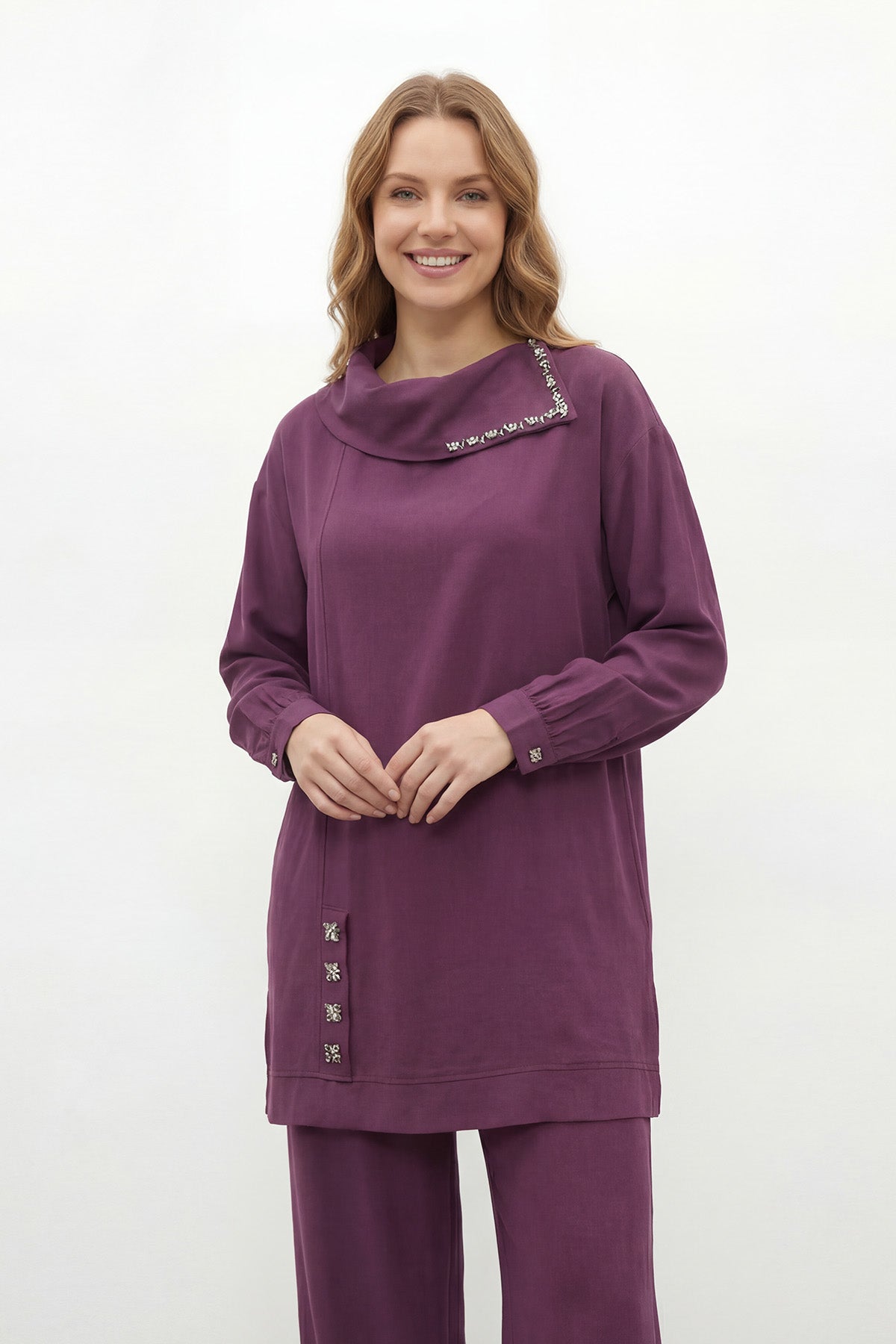 Kadın Degaje Yaka Taş Detaylı Tunik Pantolon Takım - 14448TKS