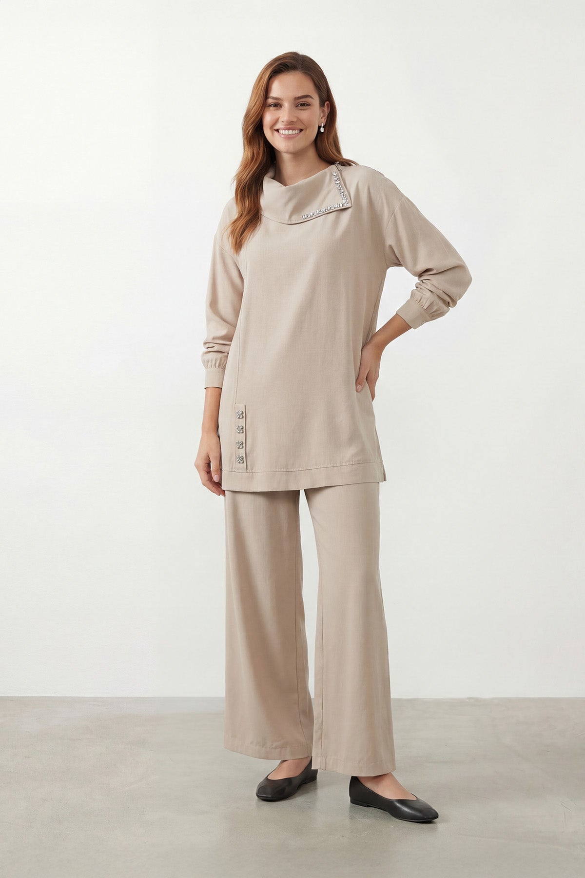 Kadın Degaje Yaka Taş Detaylı Tunik Pantolon Takım - 14448TKS