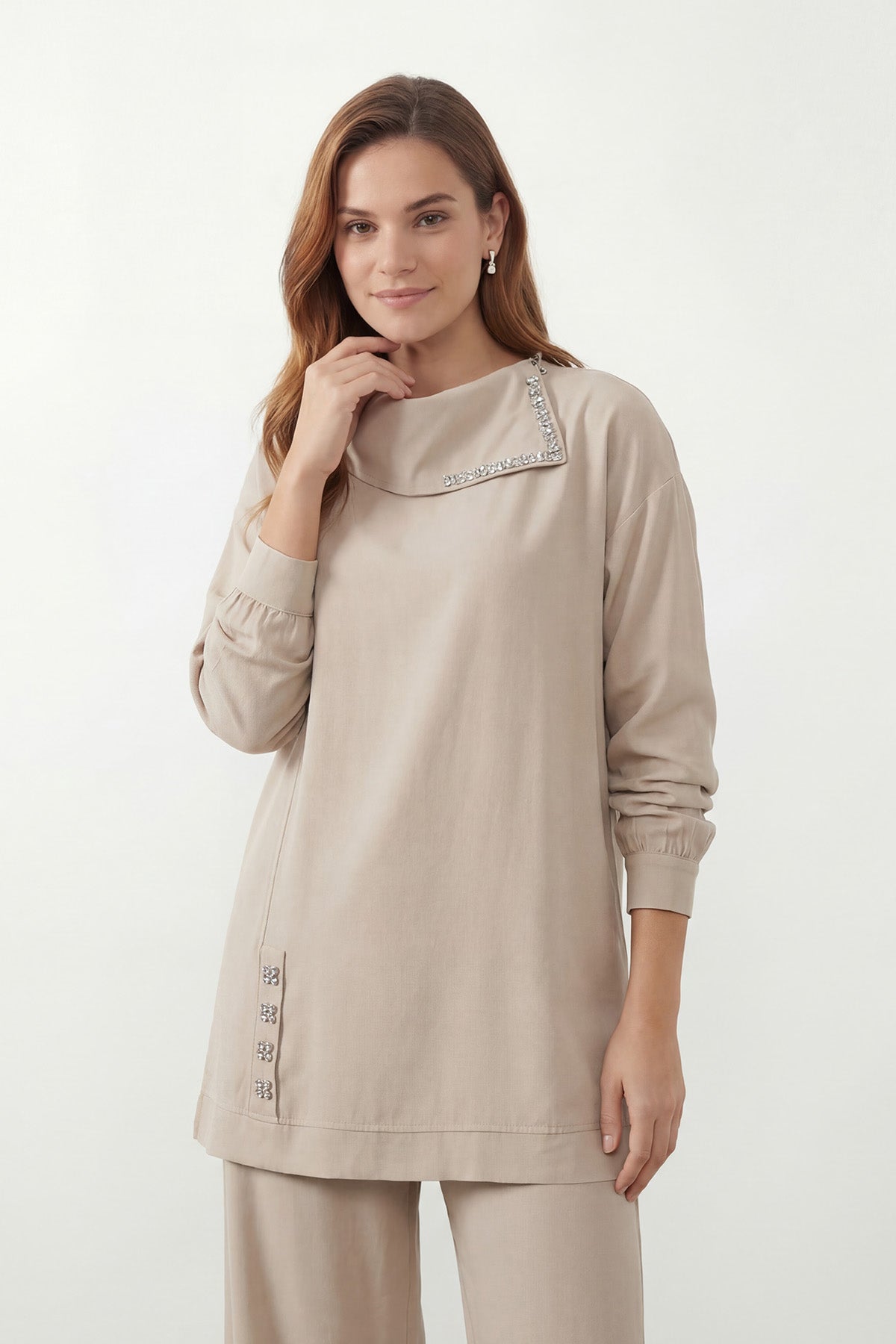 Kadın Degaje Yaka Taş Detaylı Tunik Pantolon Takım - 14448TKS