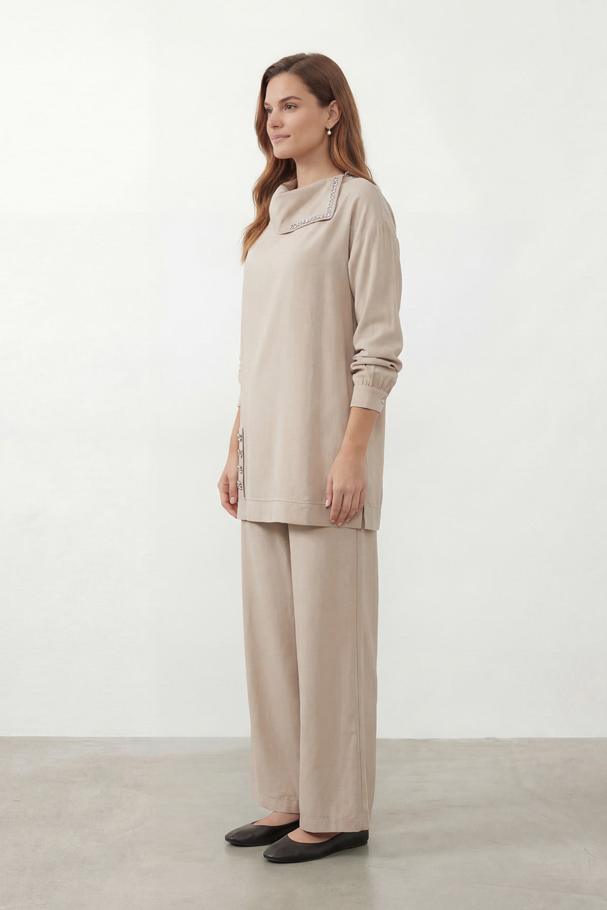Kadın Degaje Yaka Taş Detaylı Tunik Pantolon Takım - 14448TKS