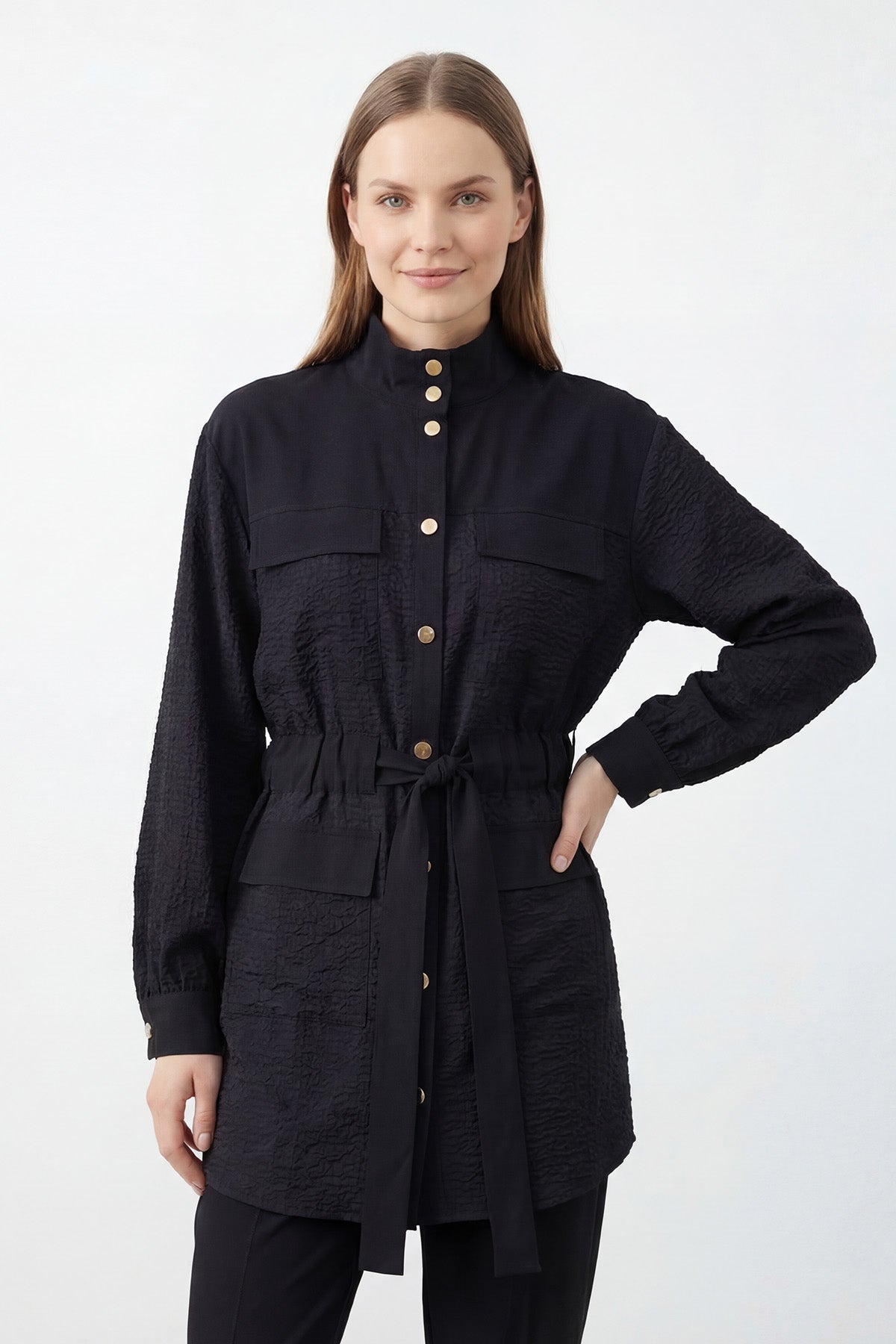 Kadın Hakim Yaka Kuşaklı Bambu Tunik Pantolon Takım – 14451TKS